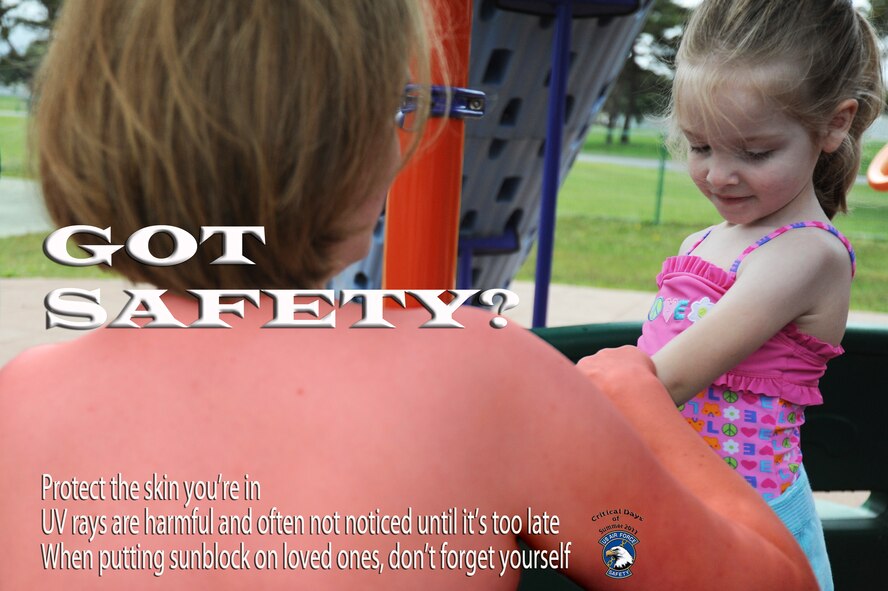 MISAWA AIR BASE, Japan --Sunburns significantly increase one's lifetime risk of developing skin cancer, especially for children.  Generously apply sunscreen: about one ounce to cover all exposed skin 20 minutes before going outside. Sunscreen should have a Sun Protection Factor (SPF) of at least 15 and provide protection from both ultraviolet A (UVA) and ultraviolet B (UVB) rays. Reapply every two hours, even on cloudy days, and after swimming or sweating.  Seek shade when possible and remember that the sun’s UV rays are strongest between 10 a.m. and 4 p.m.  (U.S. Air Force Illustration/Staff Sgt.April Quintanilla/Released)
