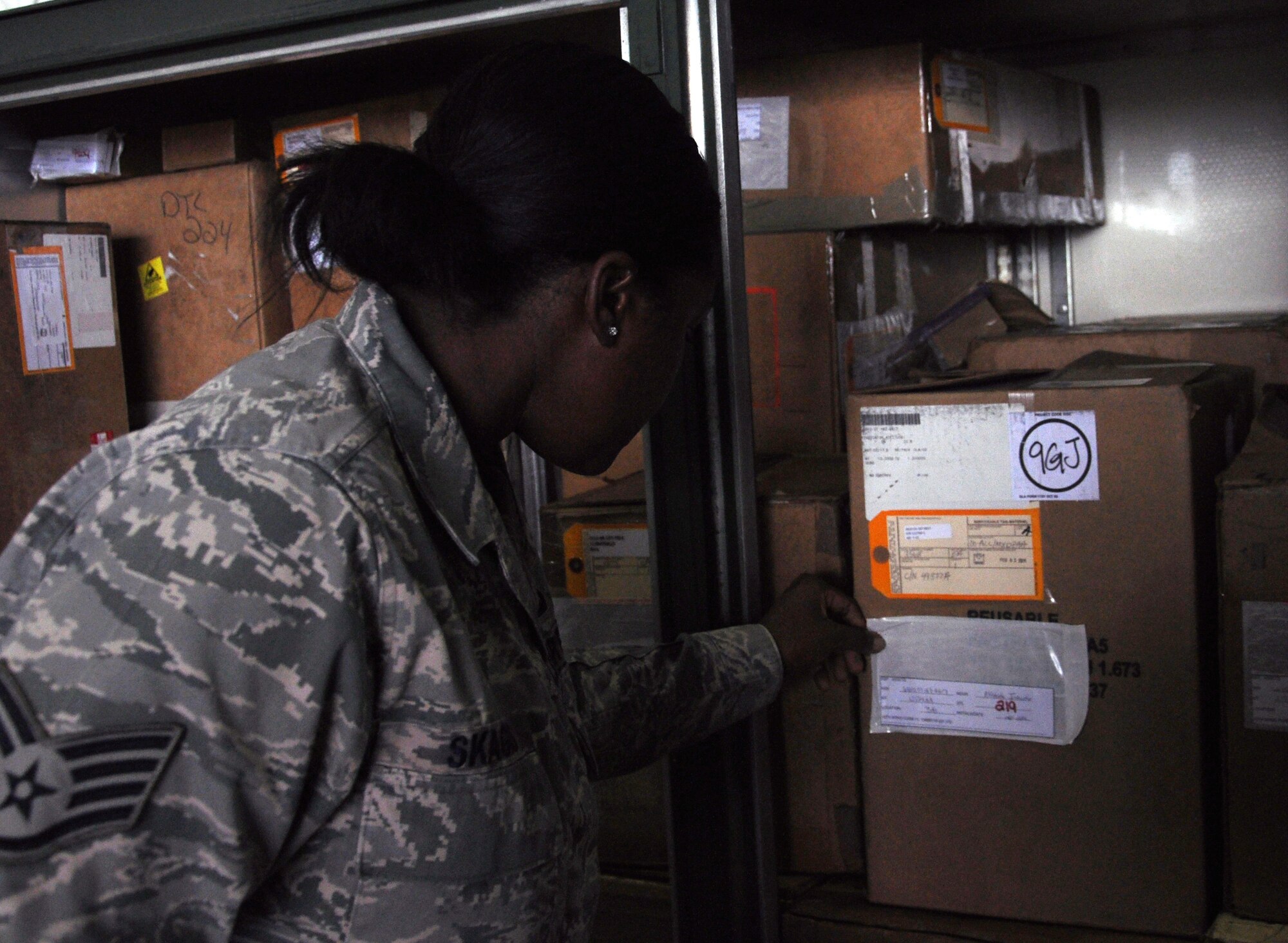 U.S. Air Force Staff Sgt. Tamara Skaggs, 67th Aircraft Maintenance Unit supply non-commissioned officer in charge, checks "kits" for the 67th Fighter Squadron during the Northern Edge Premier Joint Training Exercise, June 16, 2011 at Eielson Air Force Base, Alaska. The "kits" include parts needed to sustain the mission while abroad and support maintainers of the 67th AMU, who are based out of Kadena Air Base, Japan. (U.S. Air Force photo by Staff Sgt. Amanda Dick)