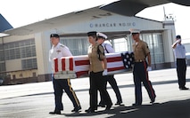 Joint military members from the island of Oahu transfer the remains of a U.S. service member, recovered by the Joint Pacific Accounting Command, during an arrival ceremony on Joint Base Pearl Harbor-Hickam, Hawaii June 17. Three flag draped caskets carried military members from World War II and the Vietnam War. The remains were recovered in Laos, Vietnam and Papua New Guinea. Following the ceremony with full military honors, the remains will be sent to JPAC's Central Identification Laboratory where forensic identification analysis will be conducted so the remains may be identified and returned to the members family. (U.S. Air Force photo/Senior Airman Lauren Main)