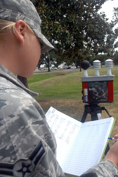 Airman 1st Class Alycia Provenzo, 2nd Aerospace Medicine Squadron bioenvironmental engineering technician, records the readings on a heat-stress monitor June 16 on Barksdale Air Force Base, La. Bioenvironmental are responsible for documenting and reporting heat-stress categories for Barksdale as well as the occupational and industrial health of all Airmen and buildings on Barksdale. (U.S. Air Force photo/Senior Airman Allison M. Boehm)(RELEASED)