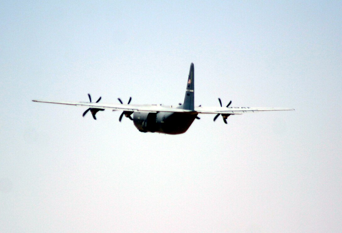 A C-130 Hercules aircraft deployed with the 774th Expeditionary Airlift Squadron takes off from Bagram Airfield, Afghanistan, on June 6, 2011.  The 774th EAS is part of the 455th Air Expeditionary Wing at Bagram Airfield. (U.S. Air Force Photo/Master Sgt. Scott T. Sturkol)