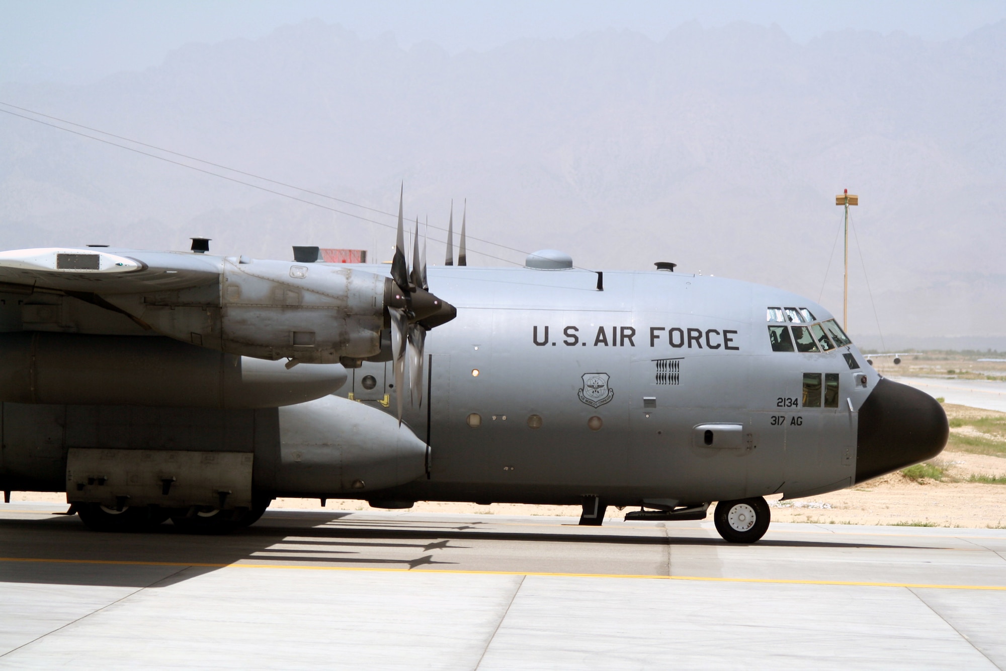 A C-130 Hercules aircraft deployed with the 774th Expeditionary Airlift Squadron taxies on the flightline at Bagram Airfield, Afghanistan, on June 6, 2011, prior to departing on a combat airlift mission.  The 774th EAS is part of the 455th Air Expeditionary Wing at Bagram Airfield. (U.S. Air Force Photo/Master Sgt. Scott T. Sturkol)