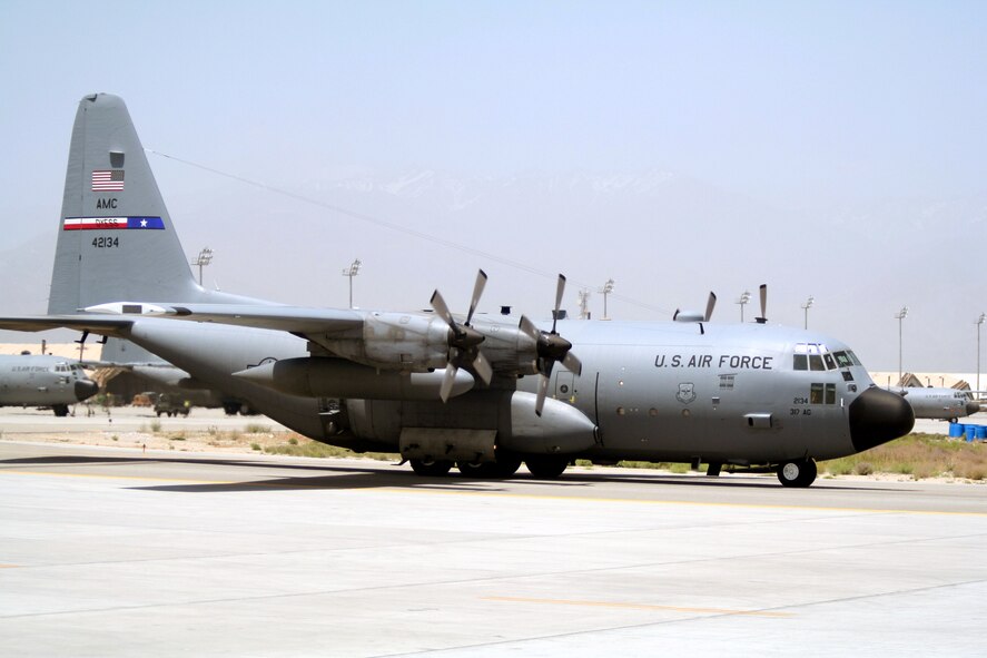 A C-130 Hercules aircraft deployed with the 774th Expeditionary Airlift Squadron taxies on the flightline at Bagram Airfield, Afghanistan, on June 6, 2011, prior to departing on a combat airlift mission.  The 774th EAS is part of the 455th Air Expeditionary Wing at Bagram Airfield. (U.S. Air Force Photo/Master Sgt. Scott T. Sturkol)