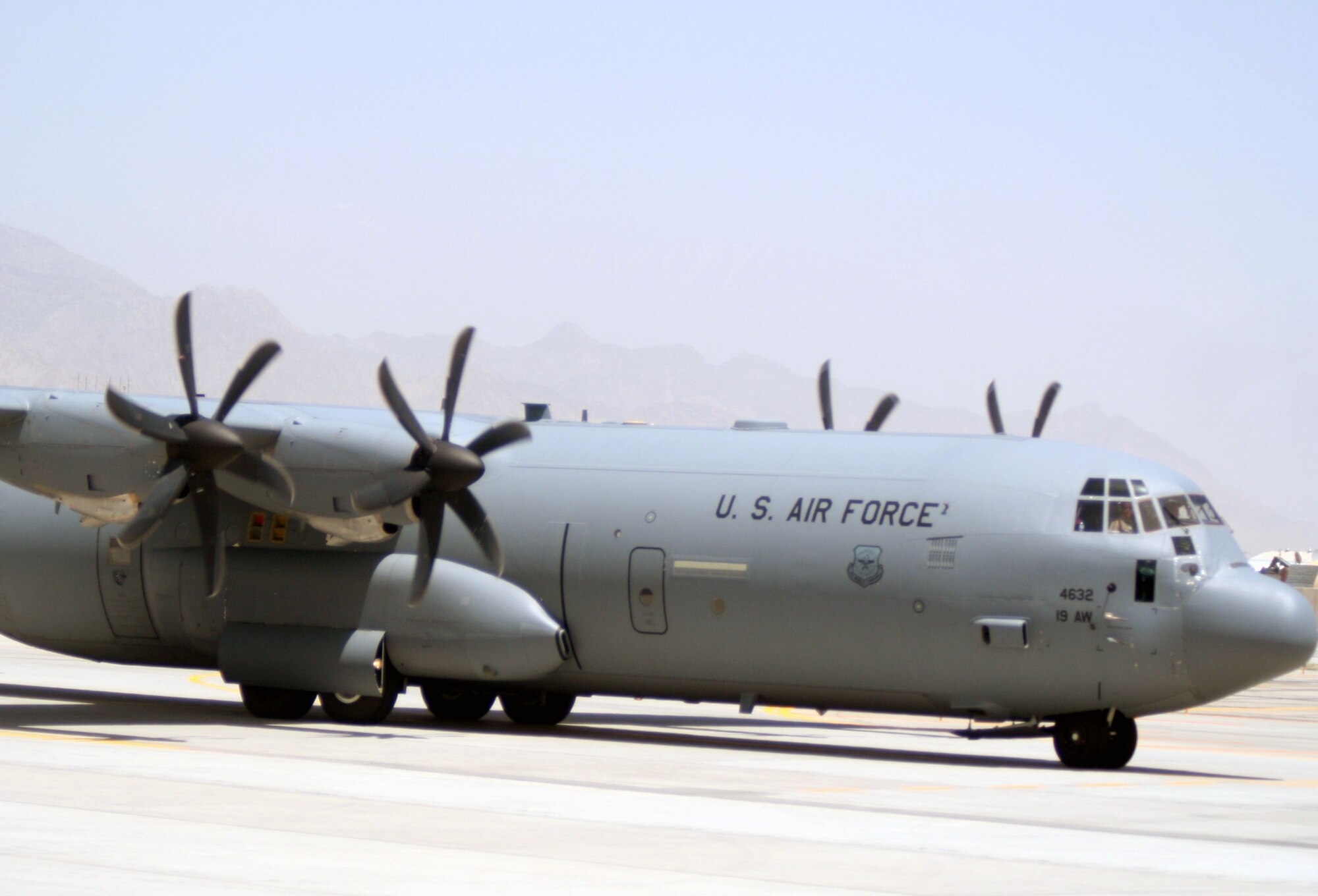 A C-130 Hercules deployed with the 774th Expeditionary Airlift Squadron taxis on the flightline on its way to complete a combat airlift mission at Bagram Airfield, Afghanistan, on June 6, 2011.  The 774th EAS is part of the 455th Air Expeditionary Wing at Bagram Airfield. (U.S. Air Force Photo/Master Sgt. Scott T. Sturkol)