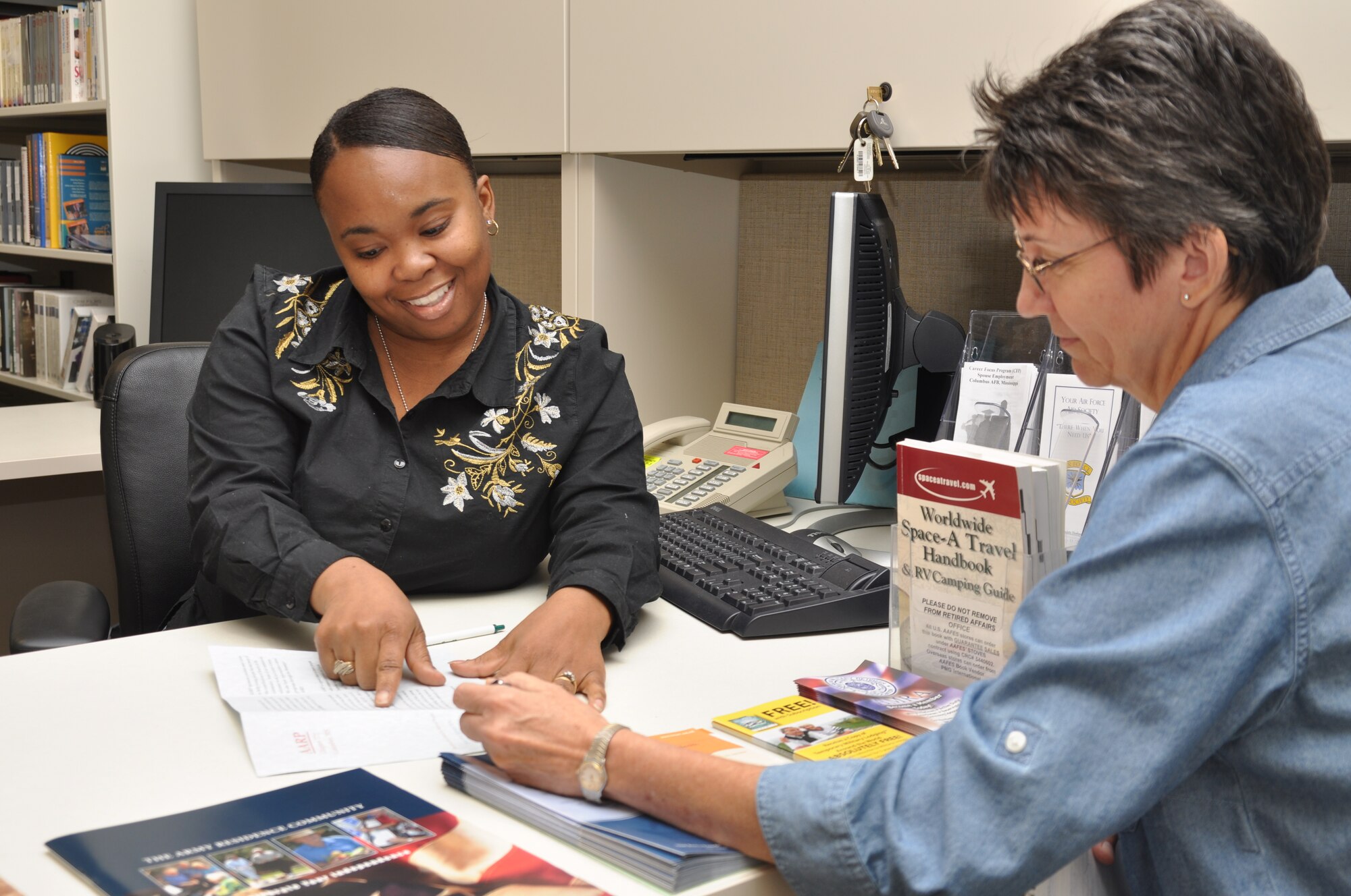 Ammiana Kenrad, Director of Retirement Services reviews information on retiree benefits on June 14. The Columbus Air Force Base Retirees Affairs Office is located in the 14th Mission Support Group building suite 182 and is open for walk ins from 9 a.m. to 1 p.m. Tuesdays and Thursdays. They can also be contacted by phone at (662) 434-3120 during available hours. (U.S. Air Force photo/Airman 1st Class Chase Hedrick)