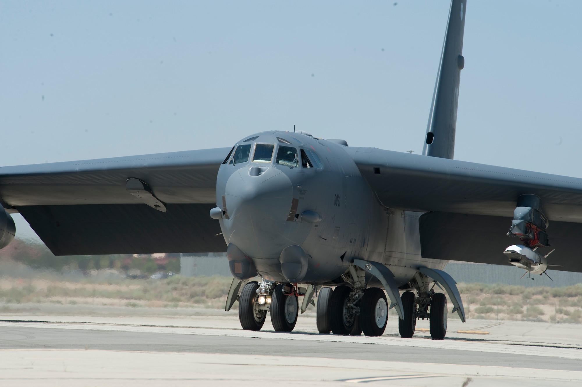 A B-52H Stratofortress taxis to the runway at Edwards Air Force Base, Calif., June 13, 2011, carrying the X-51A Waverider scramjet.  It was the second test flight of the Waverider and upon completion provided significant hypersonic research data to program engineers. (Photo courtesy of Boeing)