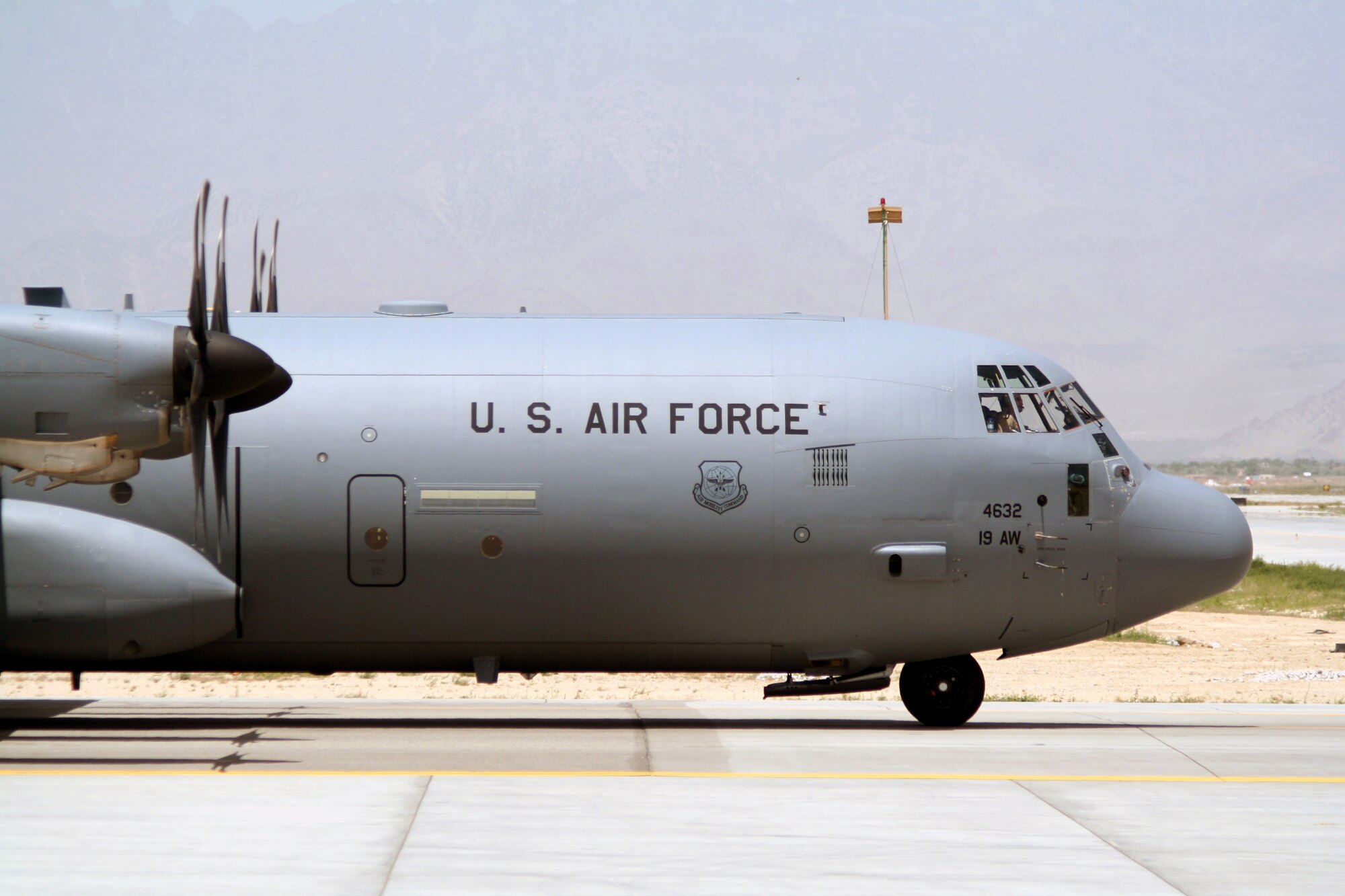 A C-130 Hercules deployed with the 774th Expeditionary Airlift Squadron taxis on the flightline on its way to complete a combat airlift mission at Bagram Airfield, Afghanistan, on June 6, 2011.  The 774th EAS is part of the 455th Air Expeditionary Wing at Bagram Airfield. (U.S. Air Force Photo/Master Sgt. Scott T. Sturkol)
