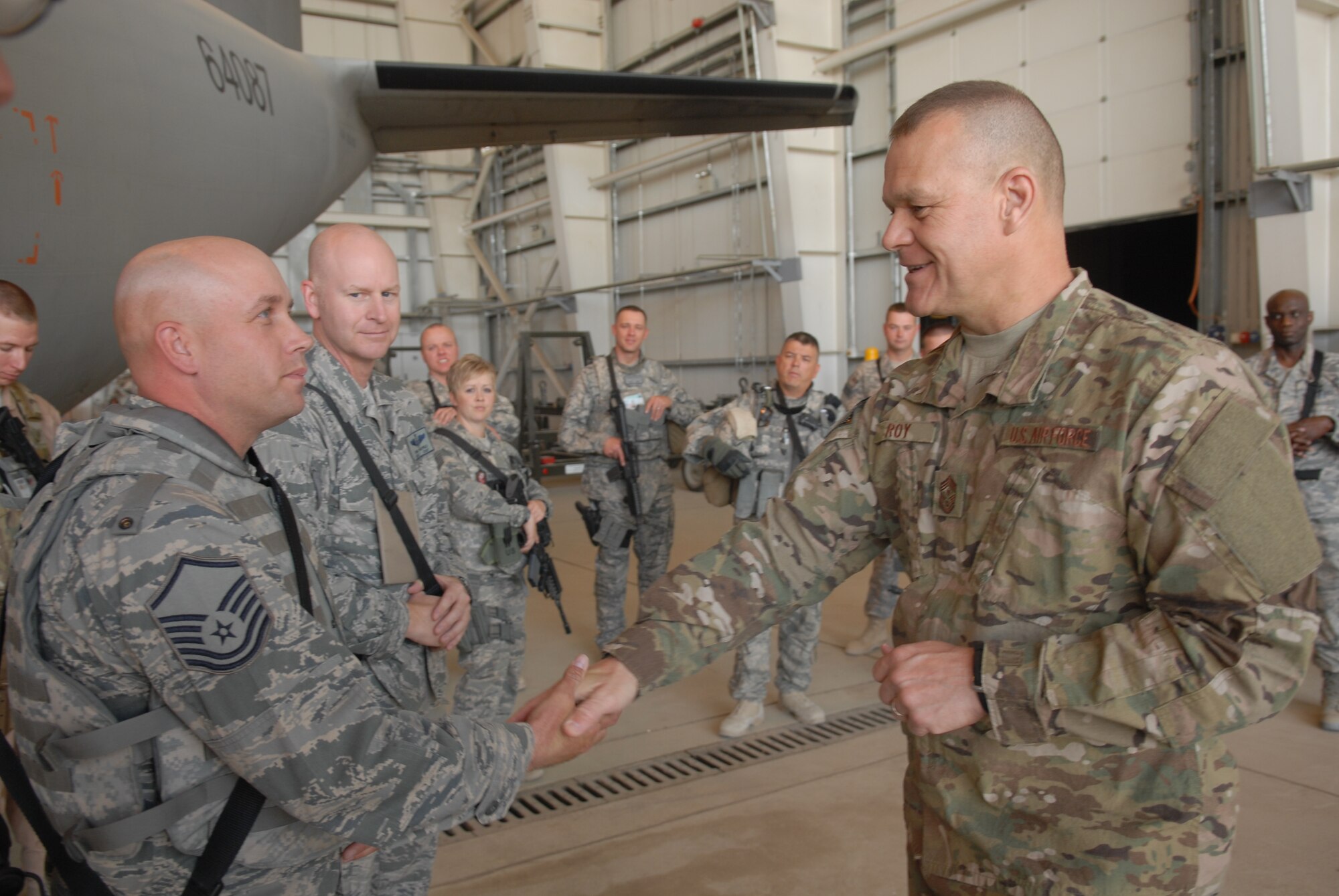 KABUL, Afghanistan – Chief Master Sergeant of the Air Force James A. Roy, visits with Airmen from the 438th Air Expeditionary Wing here recently at the Afghan Air Force Compound in Kabul.  The chief toured the English Immersion "Thunder Lab" as well as maintenance facilities.  (U.S. Air Force photo by Tech. Sgt. Brian E. Christiansen)