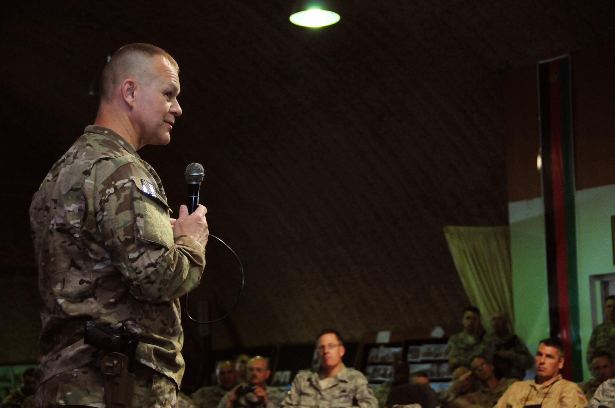 6/17/2011 – KABUL, Afghanistan – Chief Master Sergeant of the Air Force James A. Roy, visits with Airmen from the 438th Air Expeditionary Wing here recently at the Afghan Air Force Compound in Kabul.  The chief toured the English Immersion "Thunder Lab" as well as maintenance facilities.  (U.S. Air Force photo by Senior Airman Amber Williams)