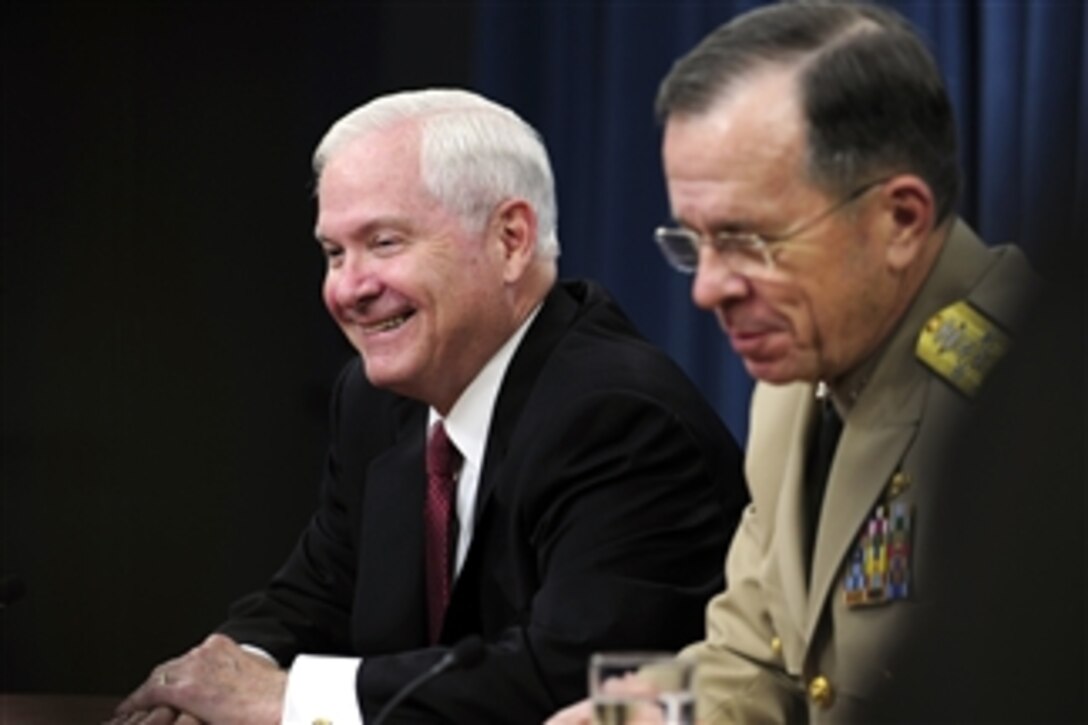 Secretary of Defense Robert M. Gates (left) and Chairman of the Joint Chiefs of Staff Adm. Mike Mullen conduct a press conference in the Pentagon in Arlington, Va., on June 16, 2011.  