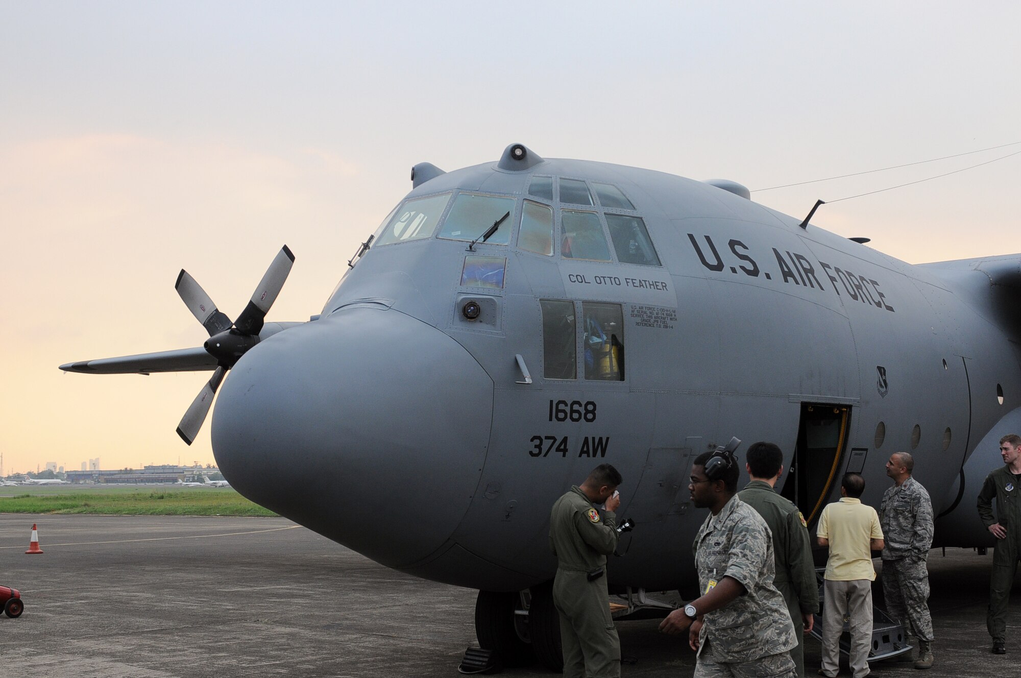 HALIM AIR BASE, Indonesia -- The flagship C-130 Hercules of the 374th Airlift Wing at Yokota Air Base, Japan, sits ready to take part in Exercise Cope West 11 at Halim Air Base, Indonesia, June 18, 2011. The combined training that will take place during the exercise will help prepare the U.S. and Indonesian Air Forces to work together in promoting a peaceful Pacific region. (U.S. Air Force photo/Capt. Raymond Geoffroy)