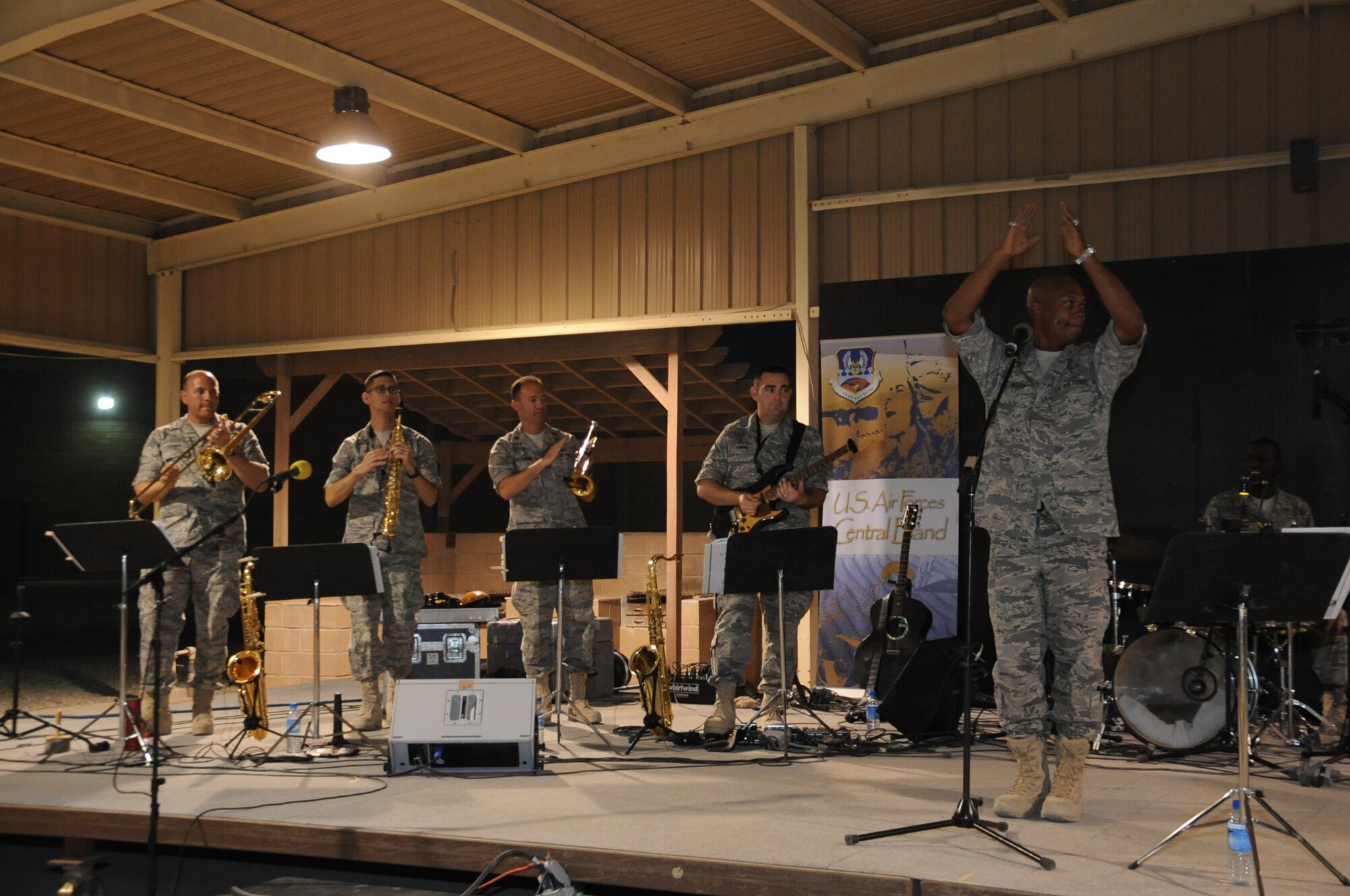 The Air Forces Central Expeditionary Band recently performed June 14 at a deployed location in Southwest Asia. The band is the first permanently assigned Air Force band to the Central Command Area of Responsibility. (U.S. Air Force photo by Senior Airman Cynthia Spalding)