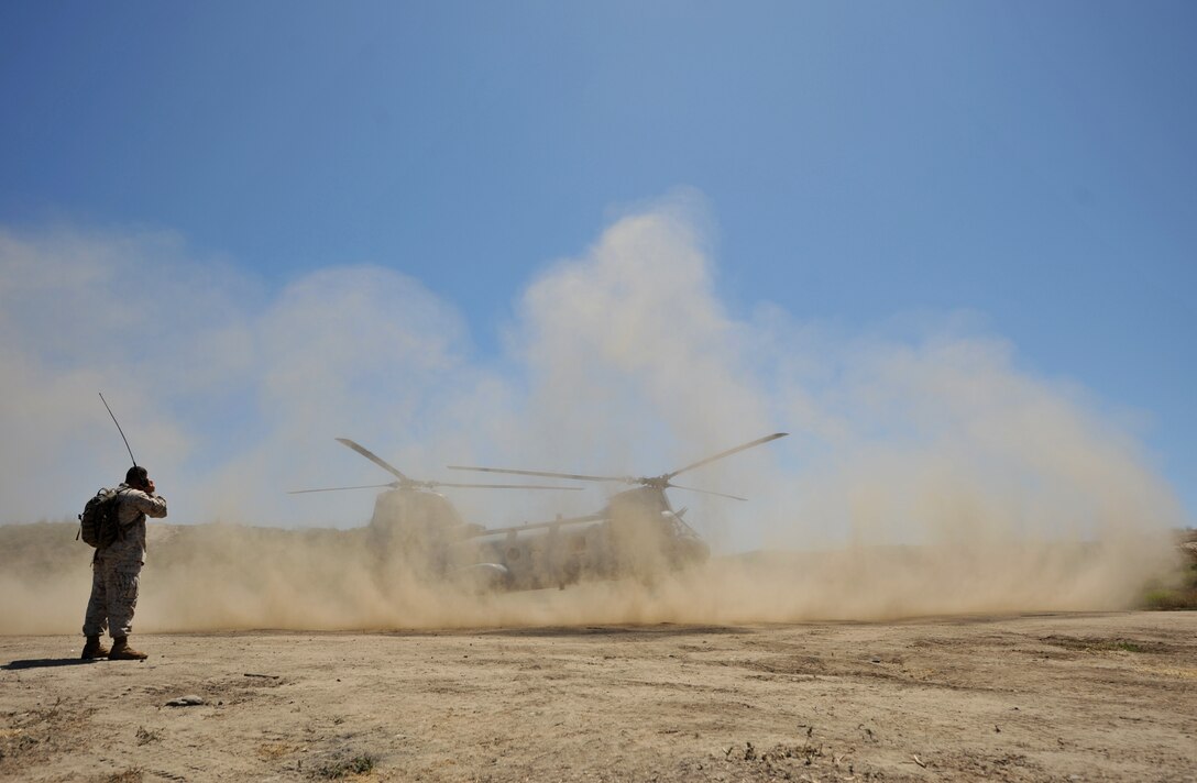 Staff Sgt. Nathan M. Legassey, a Worchester, Mass., native and scout observer serving with the 11th Marine Expeditionary Unit's command element, clears a landing zone for a CH-46E Sea Knight helicopter that delivered simulated casualties to a medical team of Navy corpsmen and medical officers at Red Beach here June 18. The Marines are practicing casualty evacuations in preparation for a deployment later this year.