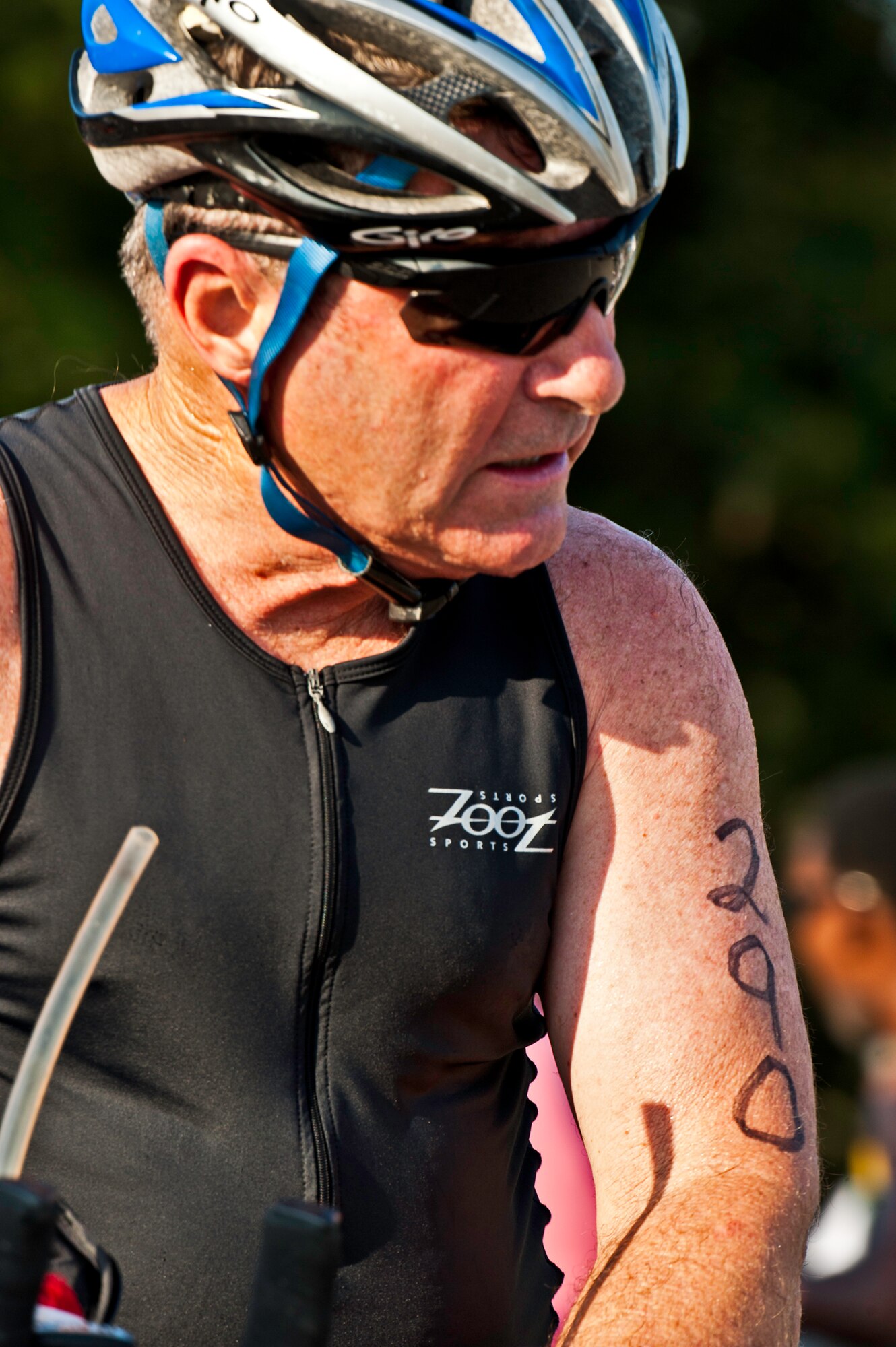 Eric Snyder, age 67, moves toward the run portion after completing the bike ride at this year’s “My First Tri” triathlon at Eglin Air Force Base Fla., June 18.  Almost 350 people of all ages “tried” at the 12th annual event.  The triathlon consists of a 200-meter swim, eight-mile bike ride, then a 2.5-mile run.  Snyder was 121st overall for alumni and first in his age group finishing at one hour and 12 minutes.  (U.S. Air Force photo/Samuel King Jr.)
