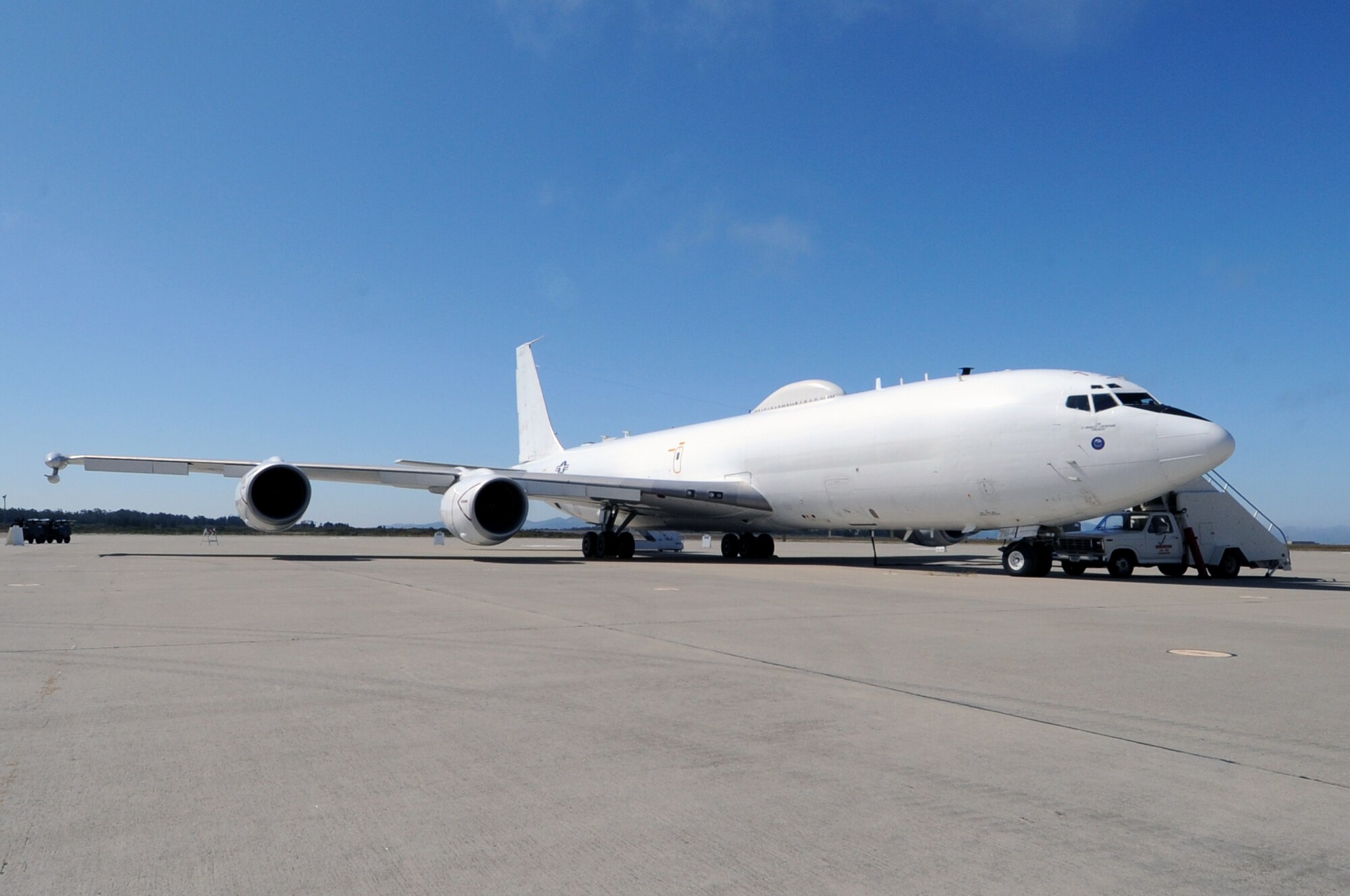 VANDENBERG AIR FORCE BASE, Calif. -- An E-6B Mercury aircraft sits on the flightline here Monday, June 20, 2011. The E-6B is here to support the test launch of an unarmed operational Minuteman III intercontinental ballistic missile scheduled between 3:01 and 9:01 a.m. June 22 from north Vandenberg. The mission of the E-6B is to provide survivable, endurable, reliable airborne command, control and communications support of U.S. nuclear forces should ground-based control become inoperable. (U.S. Air Force photo/Jerry E. Clemens, Jr.)