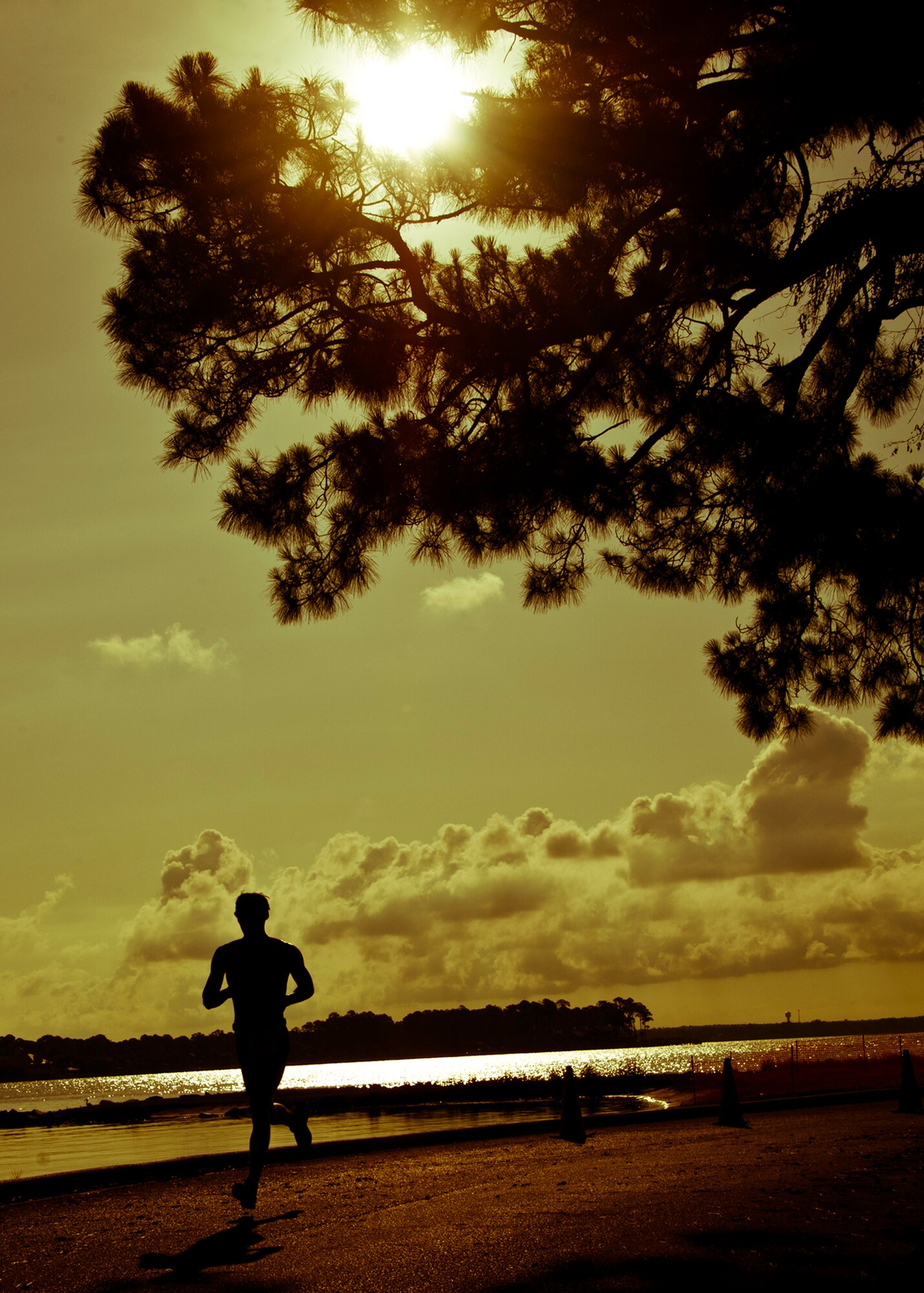 A runner heads toward the finish with less than 100 yards to go at this year’s “My First Tri” triathlon at Eglin Air Force Base Fla., June 18.  Almost 350 people of all ages “tried” at the 12th annual event.  The triathlon consists of a 200-meter swim, eight-mile bike ride, then a 2.5-mile run.  David Shearon finished with the best overall time - 39 minutes 24 seconds.  Wendy Ewing had the best time for females with 47 minutes 39 seconds.  (U.S. Air Force photo/Samuel King Jr.)