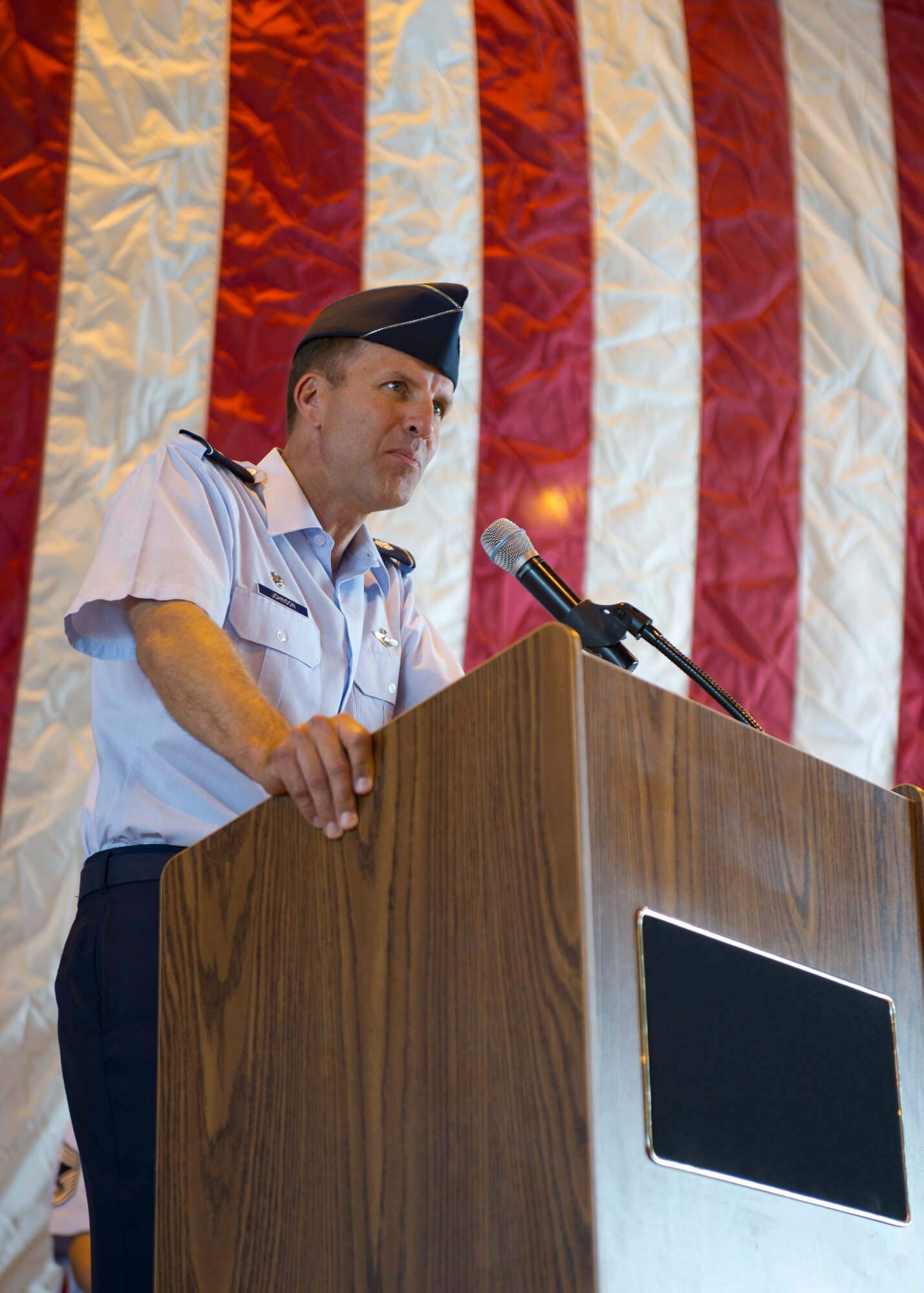 HOLLOMAN AIR FORCE BASE, N.M.-- Lt. Col. Kenneth Johnson, 49th Operations Group commander, addresses the audience at the 49th OG change of command, June 17, 2011 in Hangar 301. Colonel Johnson served as the director of staff for the 432nd Wing at Creech Air Force Base before taking command of the 49th OG.(U.S. Air Force photo by Senior Airman John D. Strong II/Released)