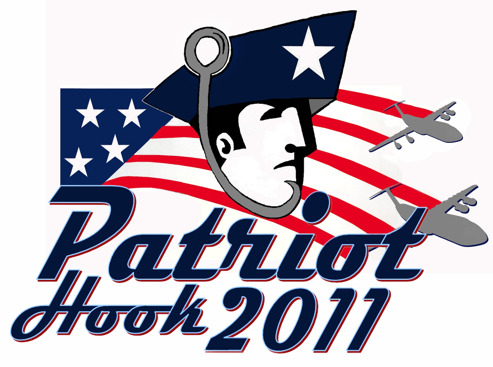 Patriot Hook 2011 logo commemorating the large scale air mobility exercise involving Air Force Reserve Command airlift control flights, flying units and aerial port personnel conducting deployment-type operations from three primary locations California, which are North Island Naval Air Station, Point Mugu and Naval Auxiliary Landing Field San Clemente Island, Calif.
A ‘P-hook’ exercise is primarily designed to test and evaluate the processing, deployment and sustainability capabilities of an airlift control flight. Patriot Hook 2011 took place April 13-18 2011. (U.S. Air Force graphic/Senior Airman Luis Loza Gutierrez)