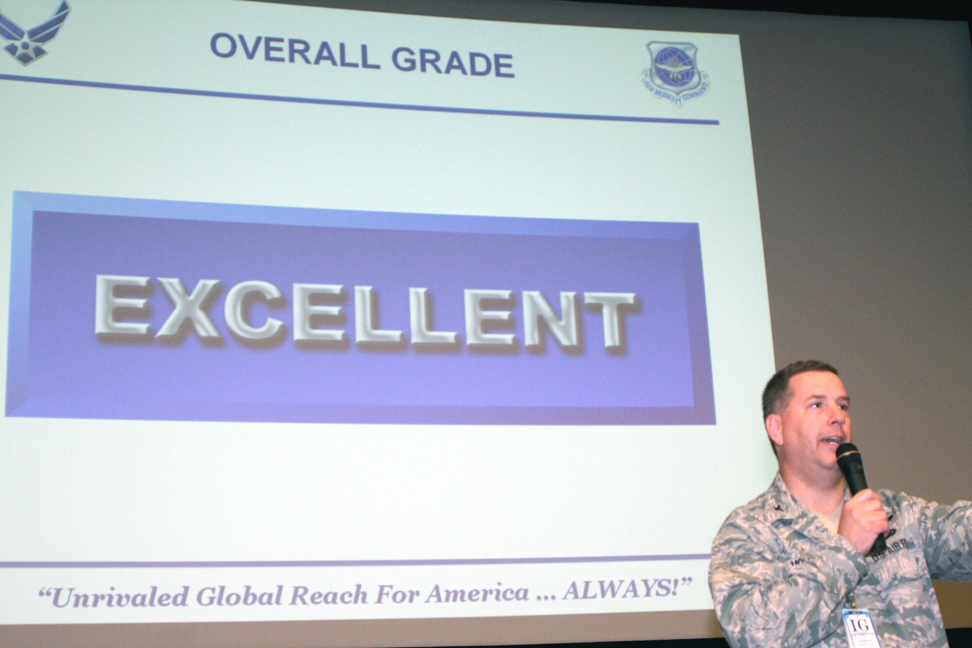 Col. Andrew Molnar, team chief for the Air Mobility Command Inspector General, briefs the 108th Wing personnel about the Wing's performance during the IG inspection at the Joint Base McGuire-Dix-Lakehurst theater on Tuesday, June 14. The 108th Wing was inspected for operational readiness by the AMC IG team from June 8 through June 12. The 108th Wing achieved an overall grade of "EXCELLENT" during the inspection. (Photo by Staff Sgt. Armando Vasquez, 108th WG/PA)