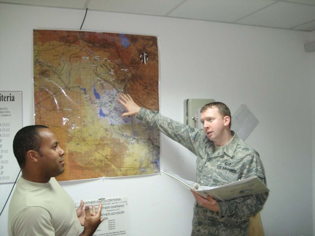 Senior Airman Daniel McGonigle is deployed from the 1st Operations Support Squadron to the 332nd Air Expeditionary Wing, Joint Base Balad, Iraq, where he serves as a weather forecaster. Airman McGonigle is responsible for monitoring, forecasting and disseminating weather and alerts to ensure uninterrupted airfield and military operations at Joint Base Balad. (Photo Courtesy/Senior Airman Daniel McGonigle)