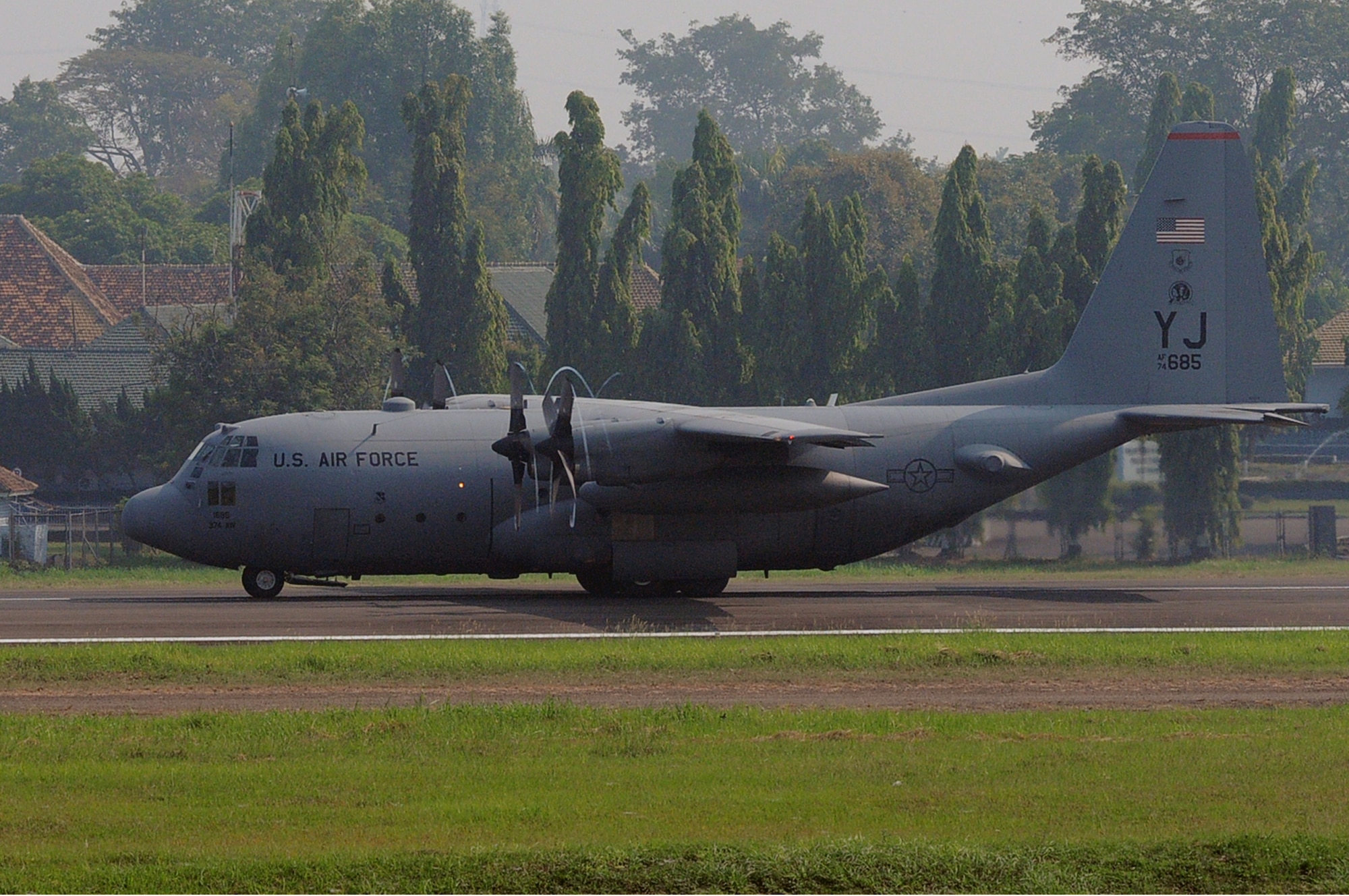 HALIM AIR BASE, Indonesia -- A C-130 Hercules from the 36th Airlift Squadron at Yokota Air Base, Japan, carrying 22 Indonesian paratroopers prepares to take off on the first mission of Exercise Cope West 11 at Halim Air Base, Indonesia, June 20, 2011. Three Yokota C-130 aircraft and more than 70 Yokota airmen, as well as one Indonesian Air Force C-130 participate in this week-long bilateral field training exercise which is designed to enhance the readiness and combined interoperability between the U.S. and Indonesian Air Forces. (U.S. Air Force photo/Capt. Raymond Geoffroy)