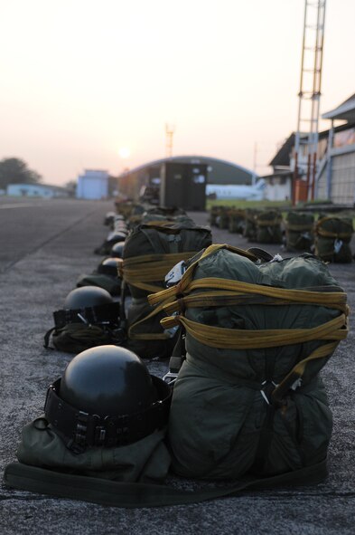 HALIM AIR BASE, Indonesia -- Indonesian paratrooper equipment sits ready for use prior the first flight mission of Exercise Cope West 11 at Halim Air Base, Indonesia, June 20, 2011. During the exercise, Airmen from Indonesia and the U.S. work side-by-side, both on the ground and in the air, to hone their skills for possible future real-world contingency operations. (U.S. Air Force photo/Capt. Raymond Geoffroy)