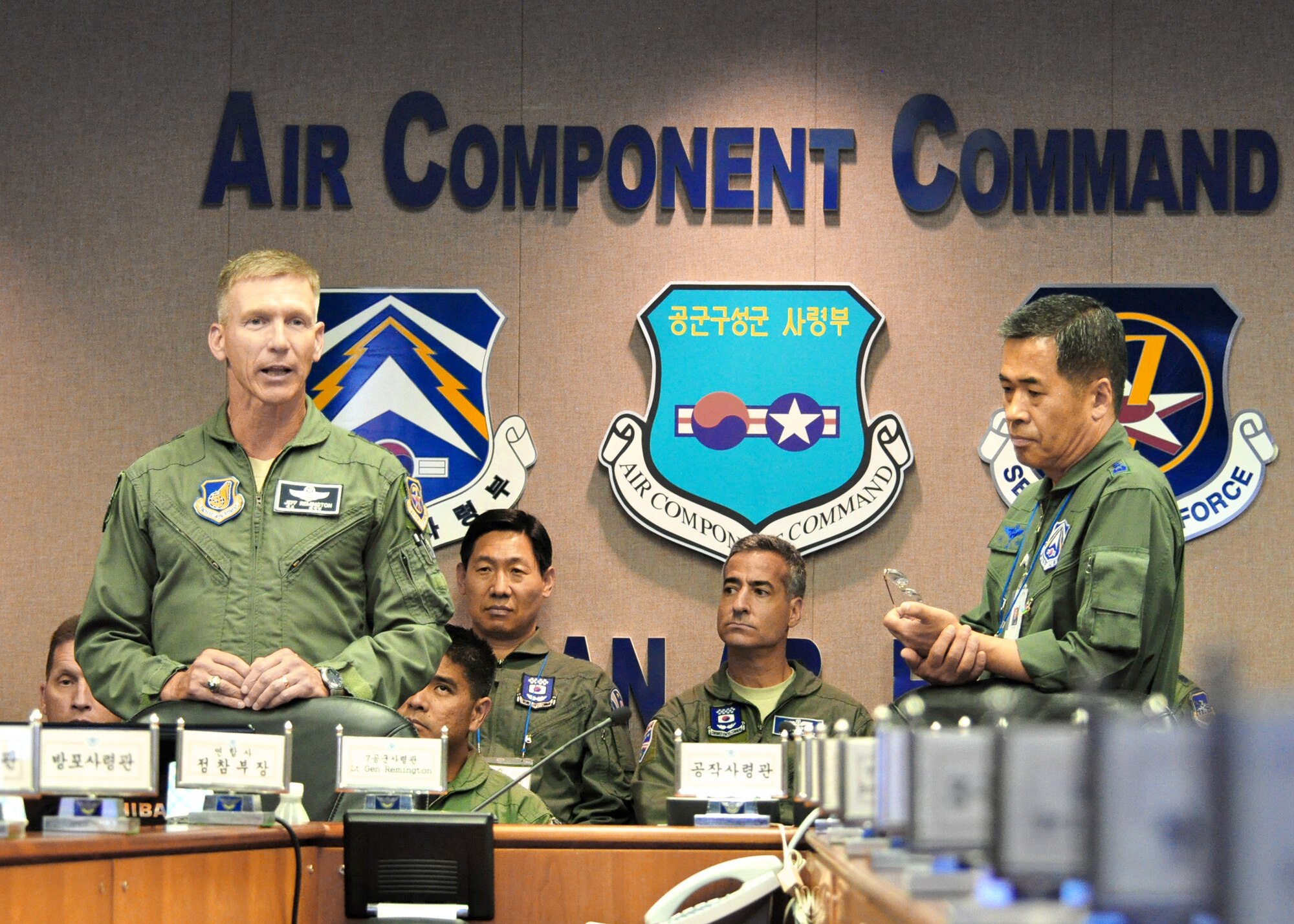 Lt. Gen. Jeffrey A. Remington and his deputy, Korean Air Force Lt. Gen. Lee Yeong Man gave opening remarks during the annual Air Boss Conference June 15, 2011 at Osan Air Base, South Korea. General Remington is the Air Component Command commander, and General Yeong Man is the Air Component Command deputy commander. (U.S. Air Force photo/Staff Sgt. Chad Thompson)