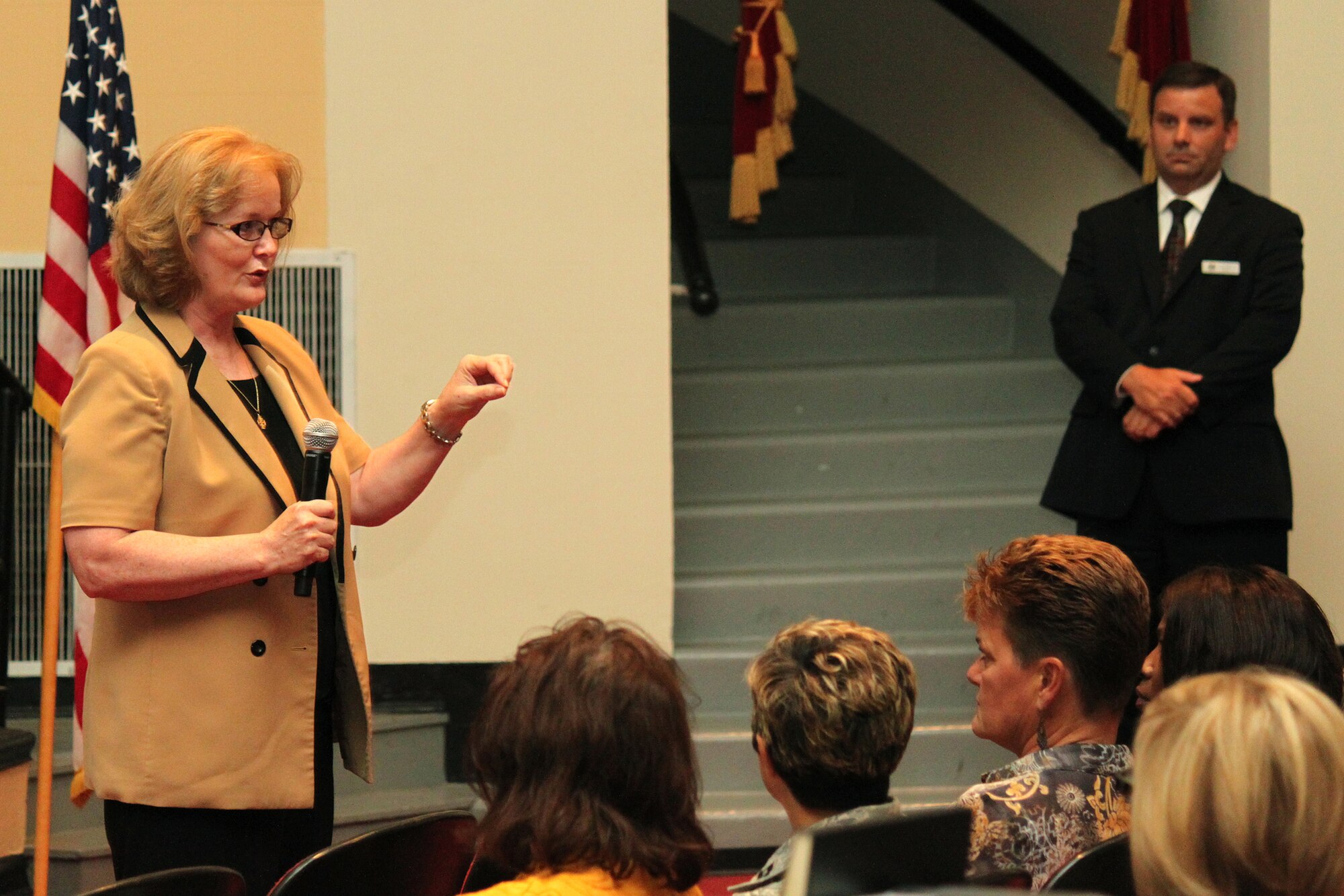 RANDOLPH AIR FORCE BASE, Texas - Carolyn Lee, the Air Force's senior advisor for the manpower, personnel and services' plans and integration directorate, discusses information technology consolidation efforts within the A1 domain during a town hall meeting June 14 at Randolph Air Force Base, Texas. Ms. Lee met with senior leaders at the Air Force Personnel Operations Agency here and toured two data centers and other IT facilities at AFPOA and the Air Force Services Agency. She also attended an Information Technology Strategy Council session to discuss and receive updates on the latest IT developments and planning strategies across the manpower, personnel and services community.(U.S. Air Force photo/Tech. Sgt. Steve Grever)