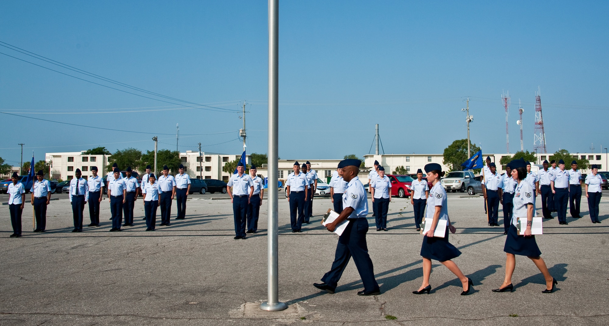 Airman Leadership School instructors walk out to meet their flights for an open ranks blues inspection at Eglin Air Force Base, Fla.  ALS is a five-week-long Air Force program designed to develop Airmen into effective front-line supervisors. It is the first professional military education enlisted Air Force members encounter. Eglin's schoolhouse hosts seven ALS classes per year. Eglin was named Air Force Materiel Command's PME program of the year for 2009 and 2010.  (U.S. Air Force photo/Samuel King Jr.)