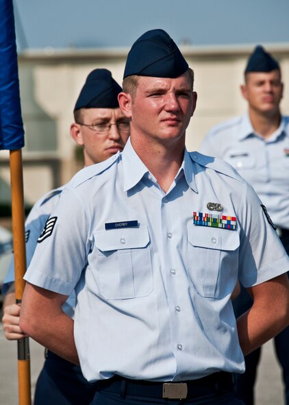 Staff Sgt. Gary Overby, leader of Raptor Flight, stands in front of his Airmen prior to an open ranks inspection at Eglin Air Force Base, Fla.  Sergeant Overby, 46th Aircraft Maintenance Squadron, and 39 others underwent the inspection while attending Eglin’s Airman Leadership School.  ALS is a five-week-long Air Force program designed to develop Airmen into effective front-line supervisors. It is the first professional military education enlisted Air Force members encounter. Eglin's schoolhouse hosts seven ALS classes per year. Eglin was named Air Force Materiel Command's PME program of the year for 2009 and 2010.  (U.S. Air Force photo/Samuel King Jr.)