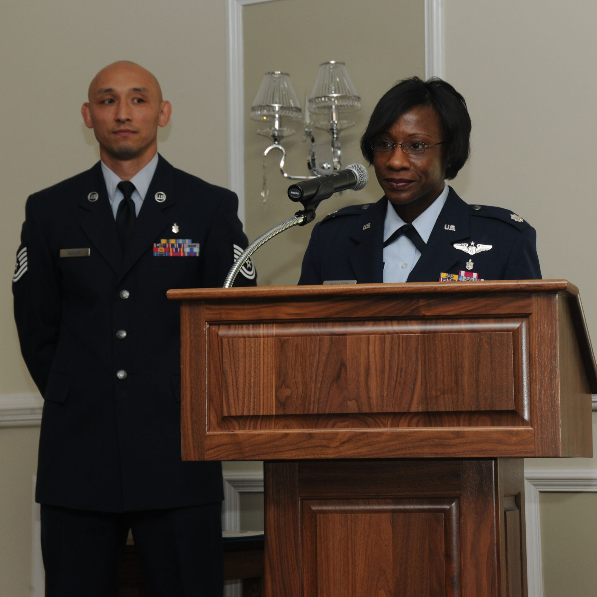 Lt. Col. Cherron Galluzzo addresses her new squadron during a change of command ceremony June 14. She is the new 423rd MDS commander.