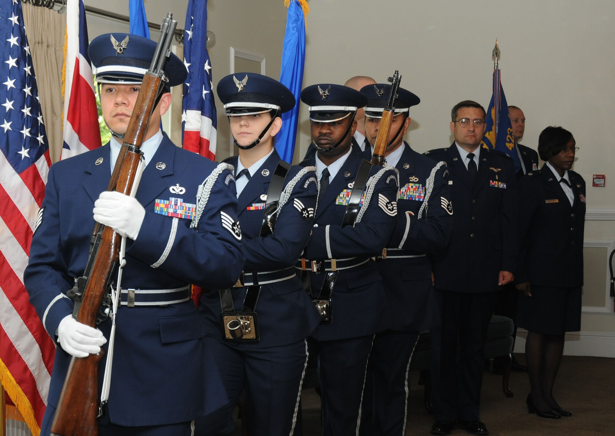 The Tribase Honor Guard presented the colors for the 423rd Medical Squadron change of command June 14. 