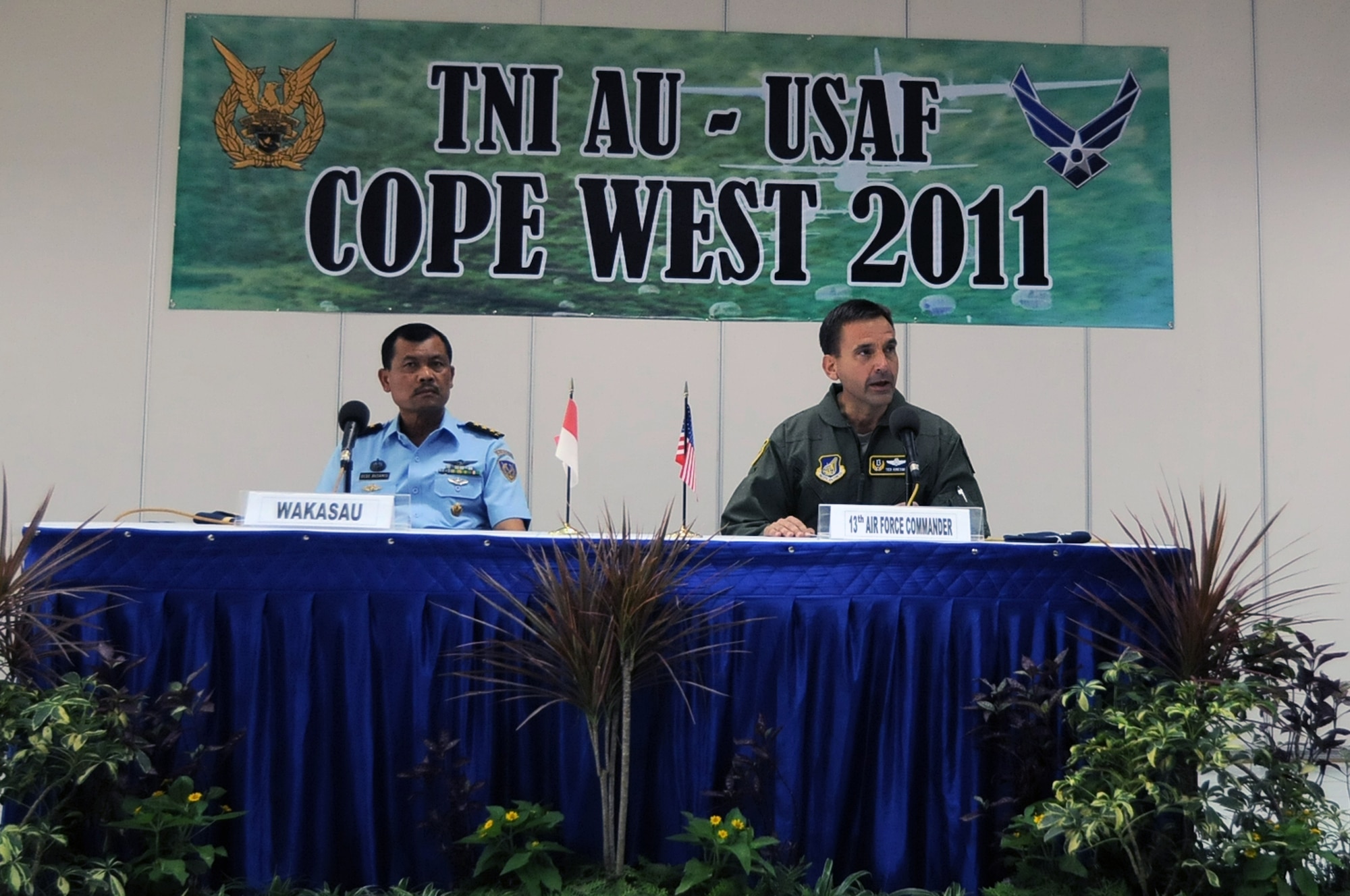 HALIM AIR BASE, Indonesia -- Lt. Gen. Stanley Kresge, 13th Air Force commander, offers opening remarks to Indonesian and U.S. Airmen the opening ceremony for Exercise Cope West 11 at Halim Air Base, Indonesia, June 20, 2011. The combined training that will take place during the exercise will help prepare the U.S. and Indonesian Air Forces to work together in promoting a peaceful Pacific region. (U.S. Air Force photo/Capt. Raymond Geoffroy)