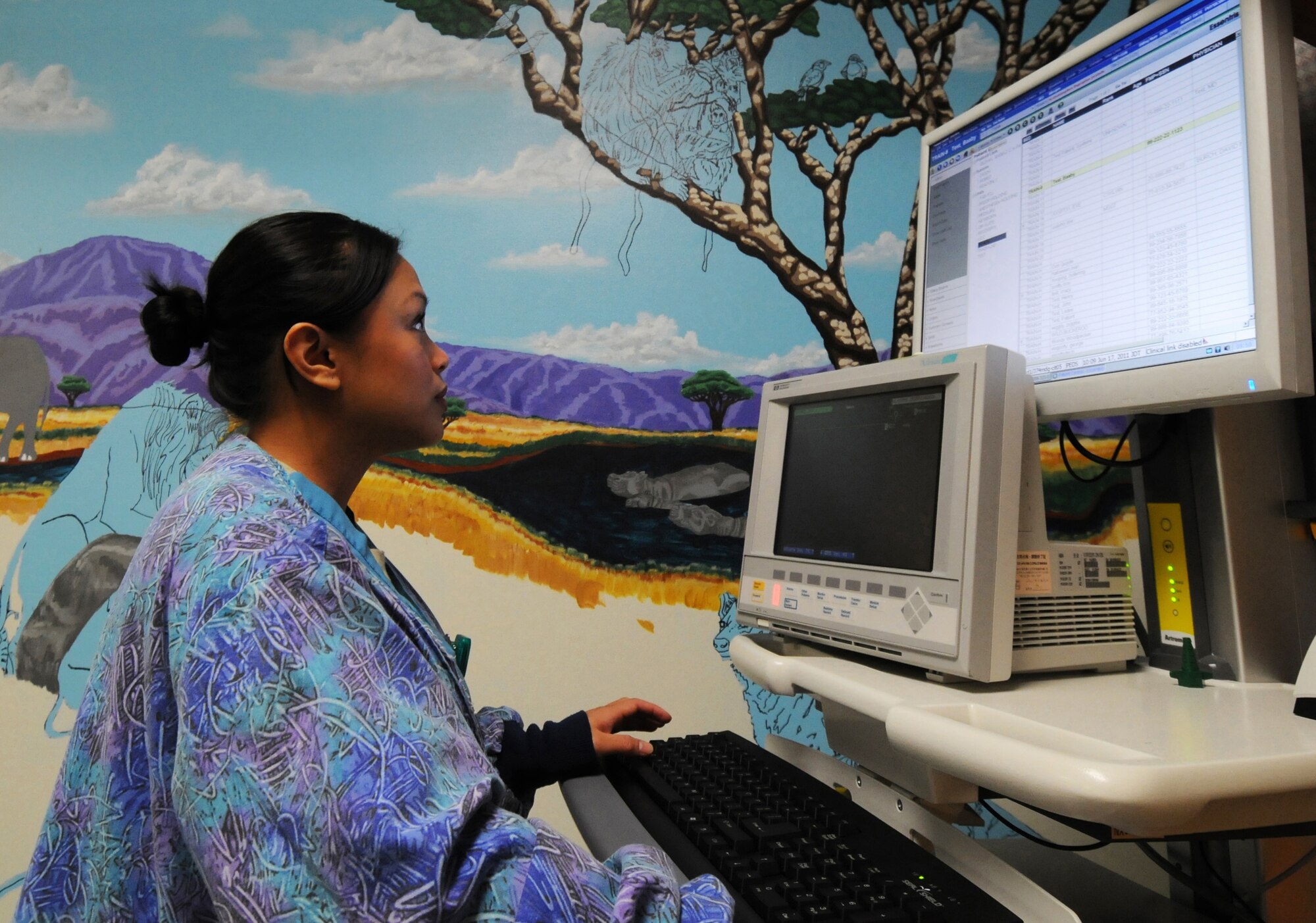 YOKOTA AIR BASE, Japan -- Airman Angeli Olivas, 374th Surgical Operations Squadron Same Day Surgery Unit medical technician, inputs patient data into a computer at Yokota Air Base, Japan, June 17, 2011. The Same Day Surgery Unit uses electronic medical records for easier transfers between hospitals. (U.S. Air Force photo/Airman John D. Partlow)