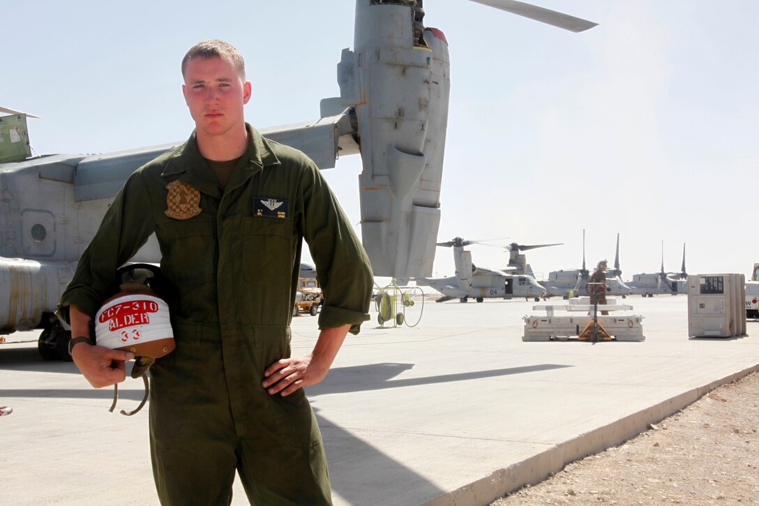 Flintstone Md. native Cpl. Travis Alder is an MV-22B Osprey crew chief with Marine Medium Tiltrotor Squadron 264, deployed out of Marine Corps Air Station New River, N.C. He is currently serving his first tour and has accumulated more than 250 flight hours providing assault support for coalition ground troops in southwestern Afghanistan.