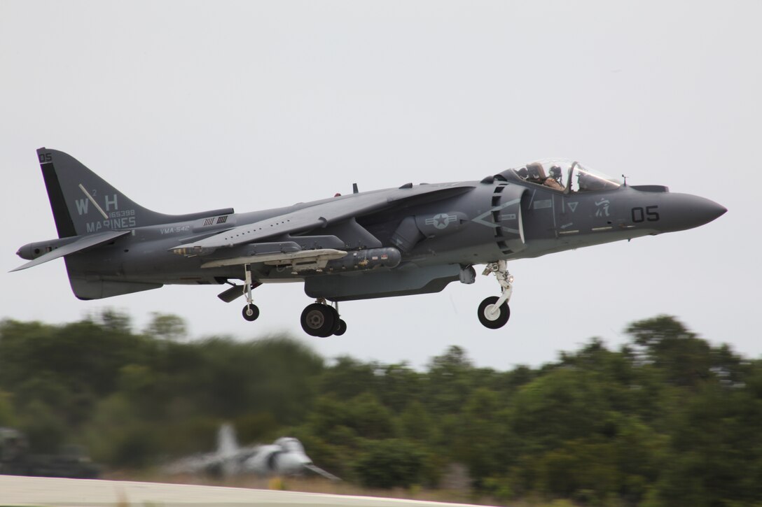 An AV-8B Harrier from Marine Attack Squadron 542 takes off to conduct training sorties out of Marine Auxiliary Landing Field Bogue June 21. Marine Wing Support Squadron 274 provided engineering capabilities, firefighting assets and pure water amongst other services, to ensure MCALF Bogue could successfully support VMA-542.