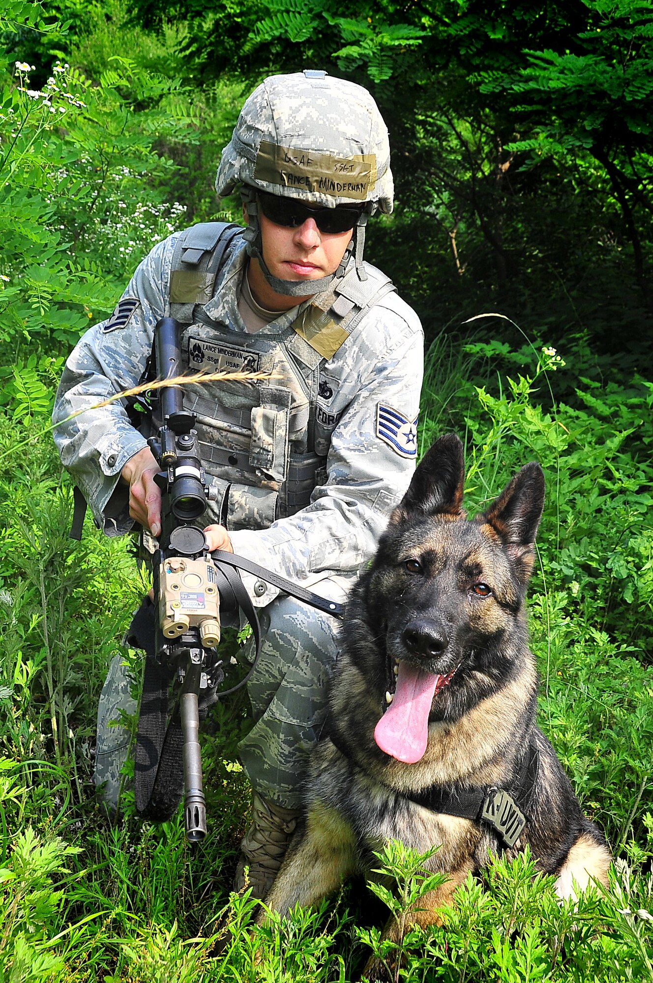 Fanta, a 51st Fighter Wing military working dog, sinks his teeth into a "bad guy" at Osan Air Base, June 20. Military working dogs work closely with their handlers and perform duties that range from drug and explosive detection to patrol. (U.S. Air Force Photo by Staff Sgt. Daylena Gonzalez)