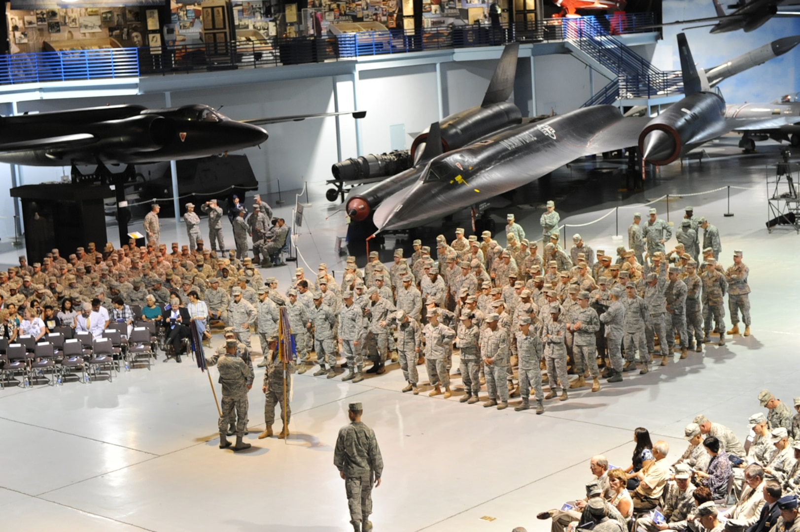 There was a large turnout and formation symbolizing both the 3rd Combat Communications Group and 5th Combat Communications Groups during the 689th Combat Communications Wing's first change of command at the Museum of Aviation, Century of Flight hangar, June 15. The change of command was the first for the wing, stood up on Oct. 5, 2009. (U.S. Air Force photo by Ray Crayton)