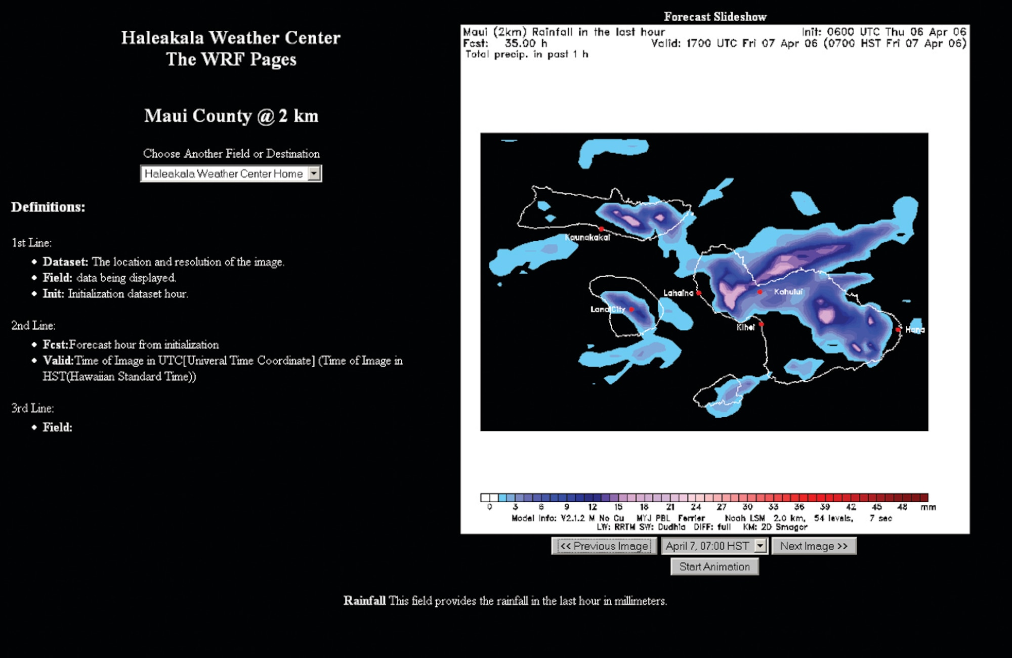 In this example of weather data provided by the Haleakala Weather Center to the Air Force Maui Optical and Supercomputing (AMOS) site, rain is forecast for the relevant areas. (MPHCC Image)