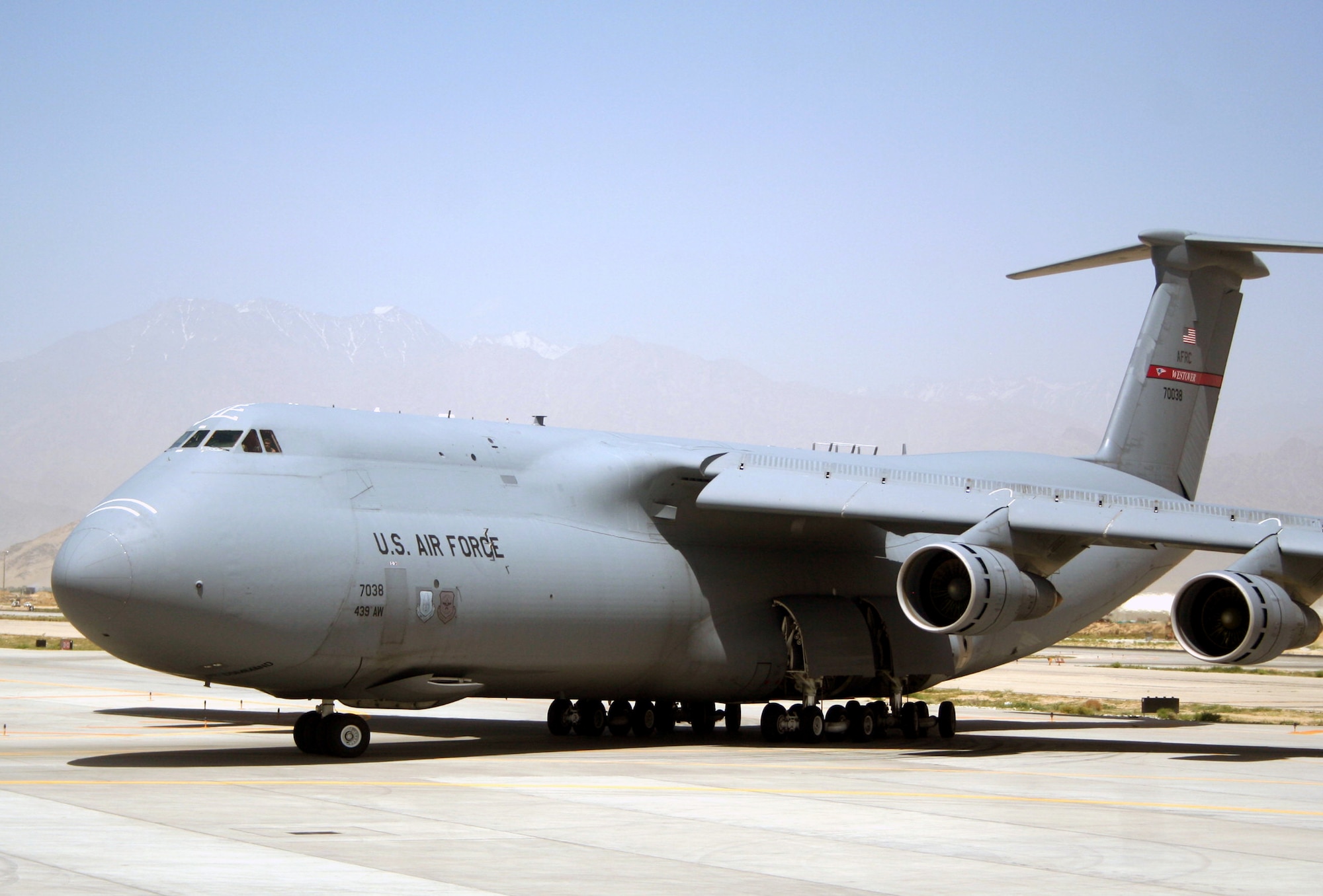 A C-5 Galaxy taxies after landing as part of an airlift mission at Bagram Airfield, Afghanistan, on June 6, 2011. The C-5 is the Air Force's largest airlift aircraft. (U.S. Air Force Photo/Master Sgt. Scott T. Sturkol)