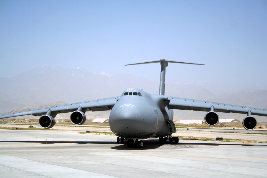 A C-5 Galaxy taxies after landing as part of an airlift mission at Bagram Airfield, Afghanistan, on June 6, 2011. The C-5 is the Air Force's largest airlift aircraft. (U.S. Air Force Photo/Master Sgt. Scott T. Sturkol)