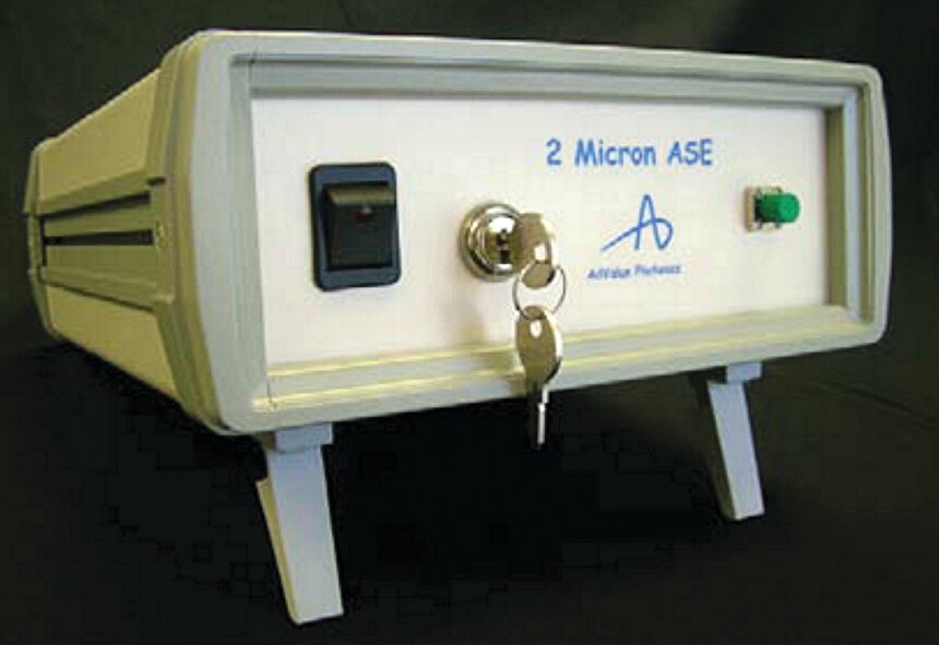 The Amplified Spontaneous Emission (ASE) source two-micron unit, with more than twenty times the power of previously available sources, allows for the broadest bandwidth, near infrared wavelength range, customized center wavelength, and high-output power. (AFRL image)
