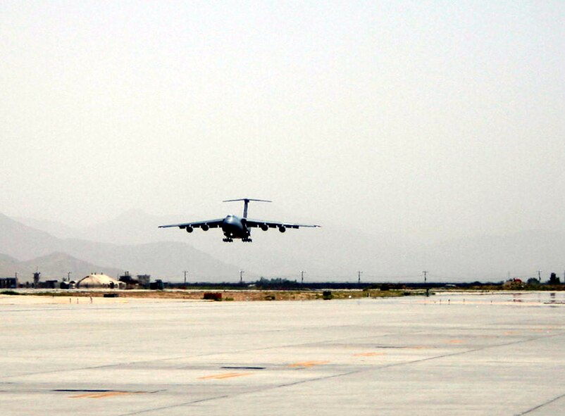 A C-5 Galaxy comes in for a landing as part of an airlift mission at Bagram Airfield, Afghanistan, on June 6, 2011. The C-5 is the Air Force's largest airlift aircraft. (U.S. Air Force Photo/Master Sgt. Scott T. Sturkol)