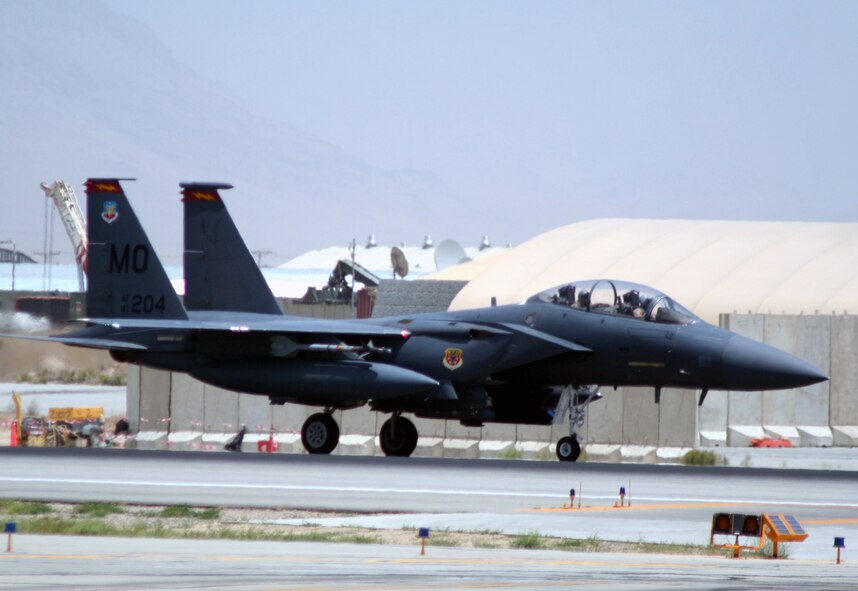An F-15 Eagle deployed to Bagram Airfield, Afghanistan, departs for a mission on June 6, 2011. Bagram is home to the 455th Air Expeditionary Wing. (U.S. Air Force Photo/Master Sgt. Scott T. Sturkol)
