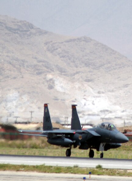 An F-15 Eagle deployed to Bagram Airfield, Afghanistan, departs for a mission on June 6, 2011. Bagram is home to the 455th Air Expeditionary Wing. (U.S. Air Force Photo/Master Sgt. Scott T. Sturkol)