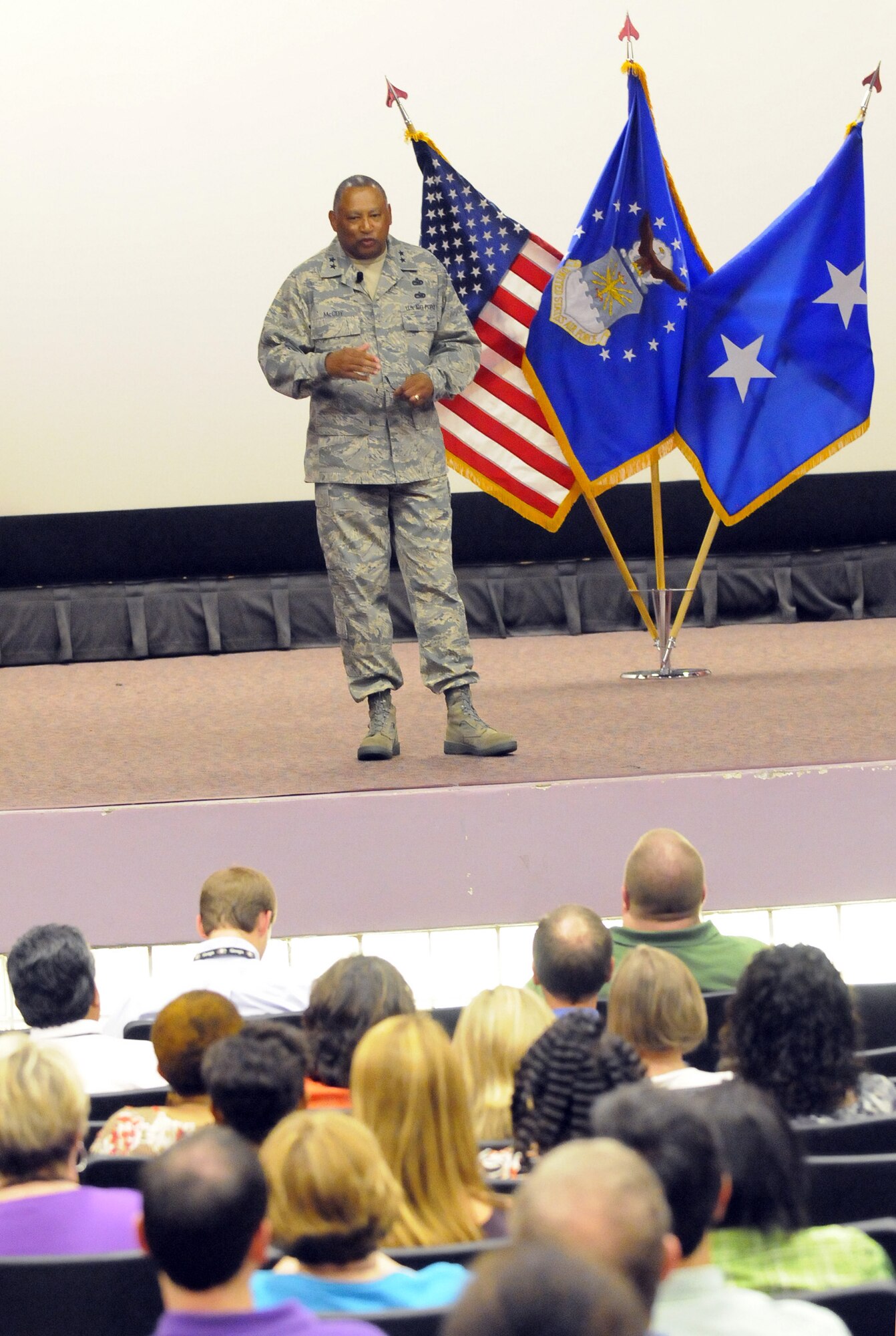 Maj. Gen. Gary T. McCoy addresses workforce members at a town hall meeting during his visit to Robins. U. S. Air Force photo by Sue Sapp