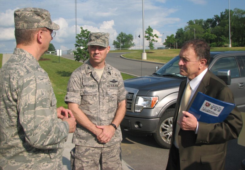 Brig. Gen. Anthony P. German, Chief of Staff of the New York Air National Guard, and Col. John Bartholf, Commander, Eastern Air Defense Sector, talk with Congressman Richard Hanna during his visit to EADS on June 17. 