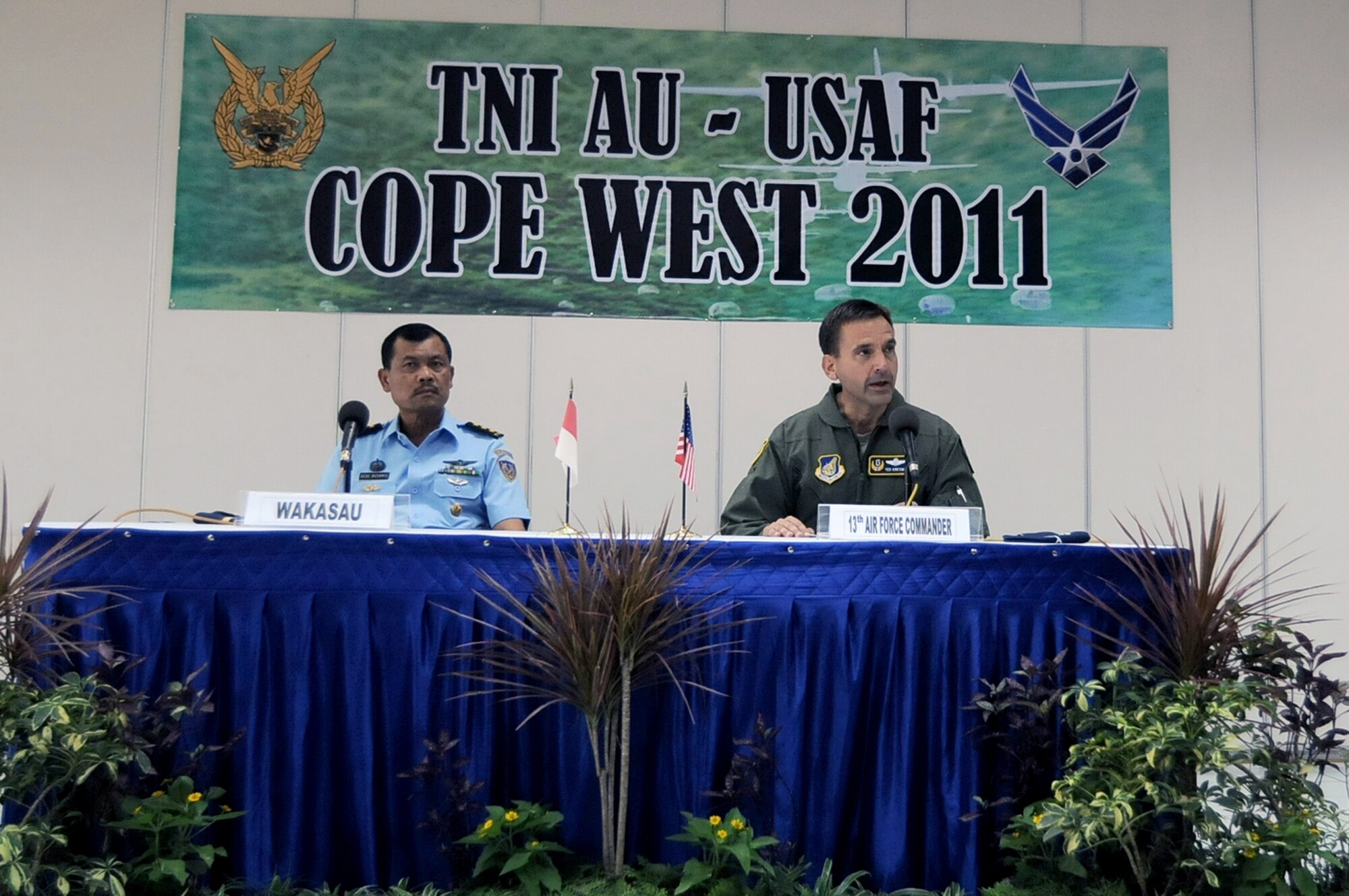 Lt. Gen. Stanley Kresge offers opening remarks to Indonesian and U.S. airmen during the opening ceremony for Exercise Cope West 11 June 20, 2011, at Halim Air Base, Indonesia.  The combined training will help prepare the U.S. and Indonesian air forces to work together in promoting a peaceful Pacific region. General Kresge is the 13th Air Force commander. (U.S. Air Force photo/Capt. Raymond Geoffroy)

