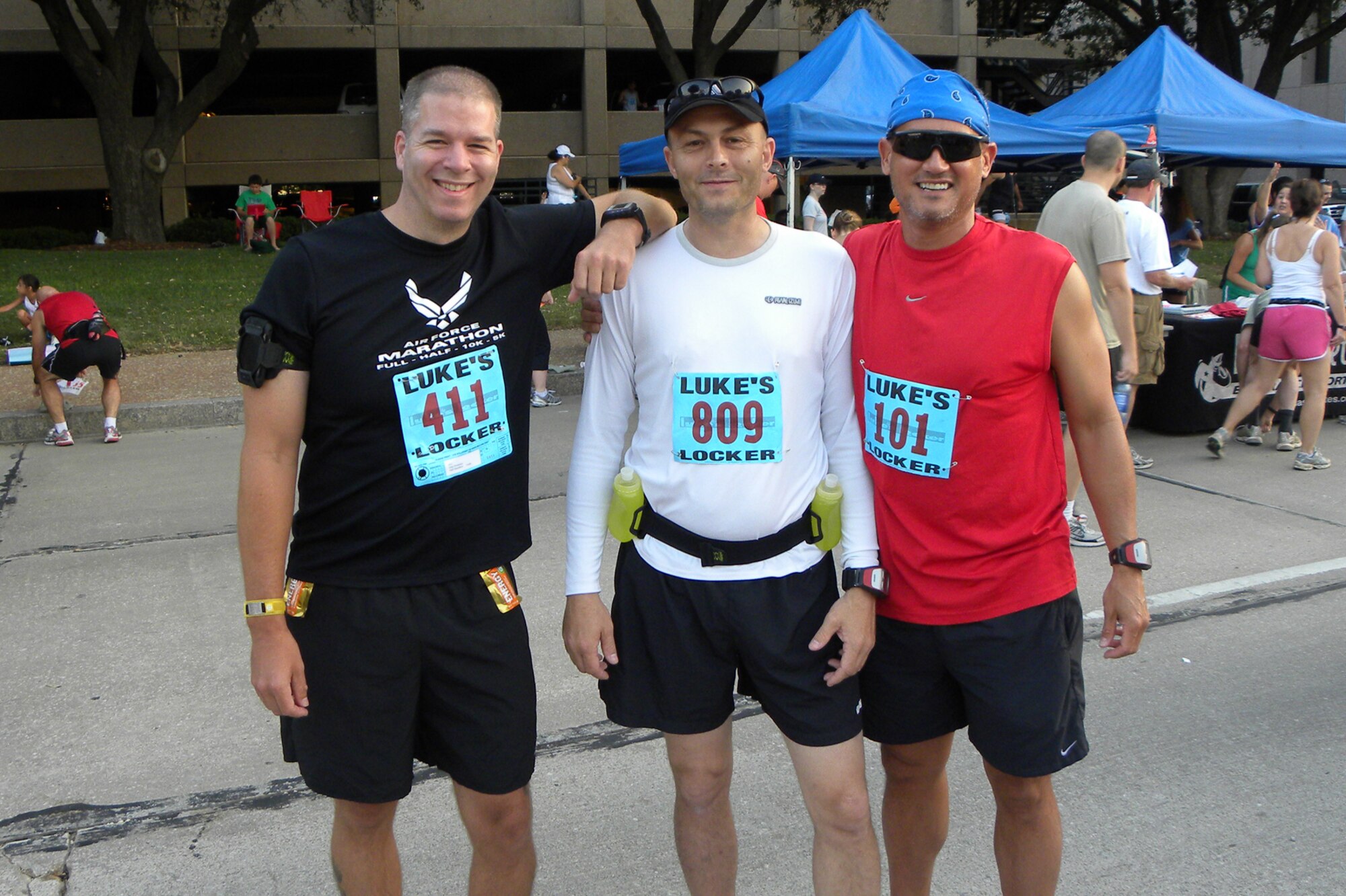 (L to R) Master Sgt. John Donelson, electronic warfare technician, 307th Maintenance Squadron, Master Sgt. Allan Brown, electronic warfare flight chief, 307th Aircraft Maintenance Squadron and Senior Master Sgt. Stephen Robicheaux, quality assurance chief inspector, 307th MXG, strike the hero pose before the “Wounded Warrior Half Marathon 10K and Military Mile Fun Run” in Los Colinas, Texas, June 12, 2011. According to the Wounded Warrior website, more than 1,500 runners took part in the event to honor our men and women of the military and help raise money for the Semper Fi Fund, which provides assistance to Marines and Sailors injured in post 9-11 combat, and ReserveAid, which gives financial support to Reserve Service Members from all branches of the military. (Courtesy photo by Scott Moeller)