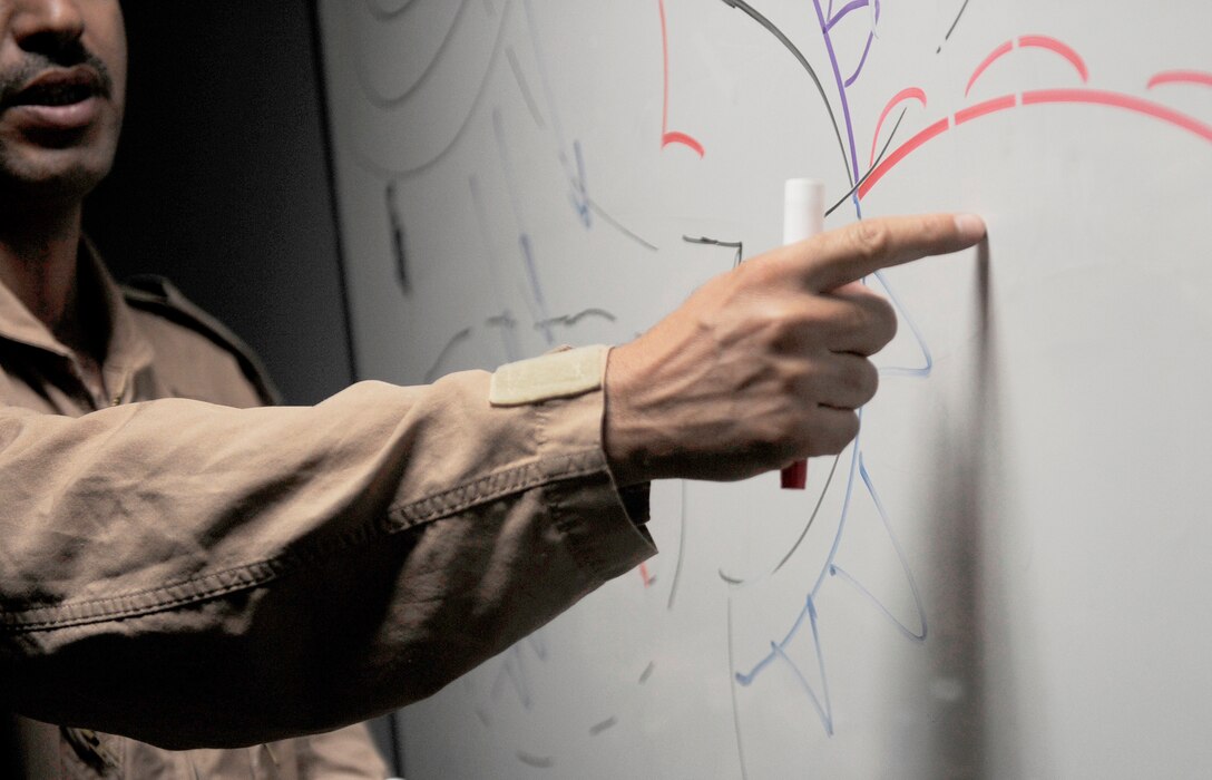 An Iraqi air force weather forecaster instructs cadets June 14, 2011, at the IqAF's weather center in Baghdad. Air Force weather advisers have been training the initial cadre of Iraqi air force weather forecasters over the past three years. (U.S. Air Force photo/Tech. Sgt. Jason Lake)
